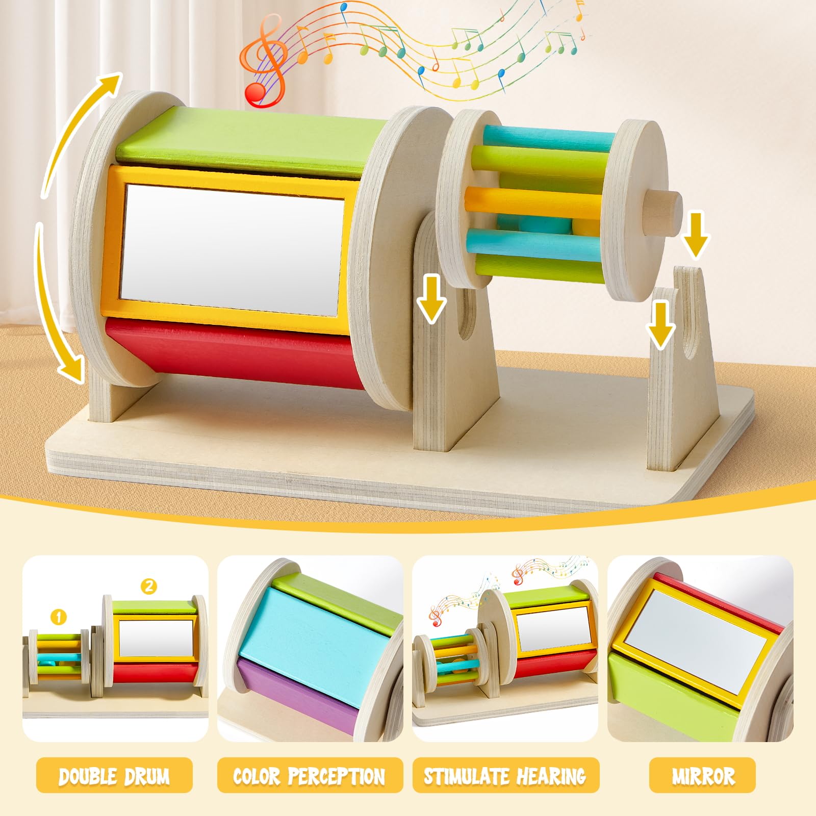 Toyssa Wooden Montessori Toys for Babies 6-12 months with Rainbow Color and Mirror Spinning Drum/Baby Shape puzzle 6-12 months/Sensory Toys Rain Rattle, Montessori Toys Gifts for Toddlers 1 Years Old