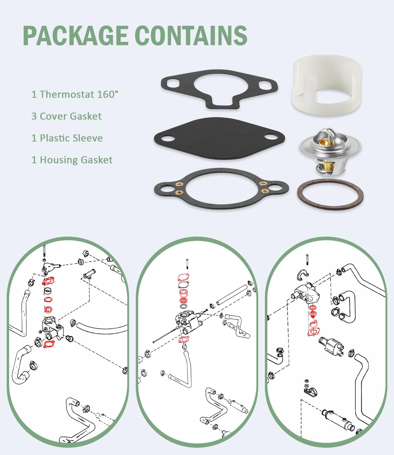 Thermostat Kit 160° for Mercruiser V6 & V8 4.3L, 5.0L, 5.7L, 7.4L,8.2L 1987-Up, Replaces 18-3647 807252Q5