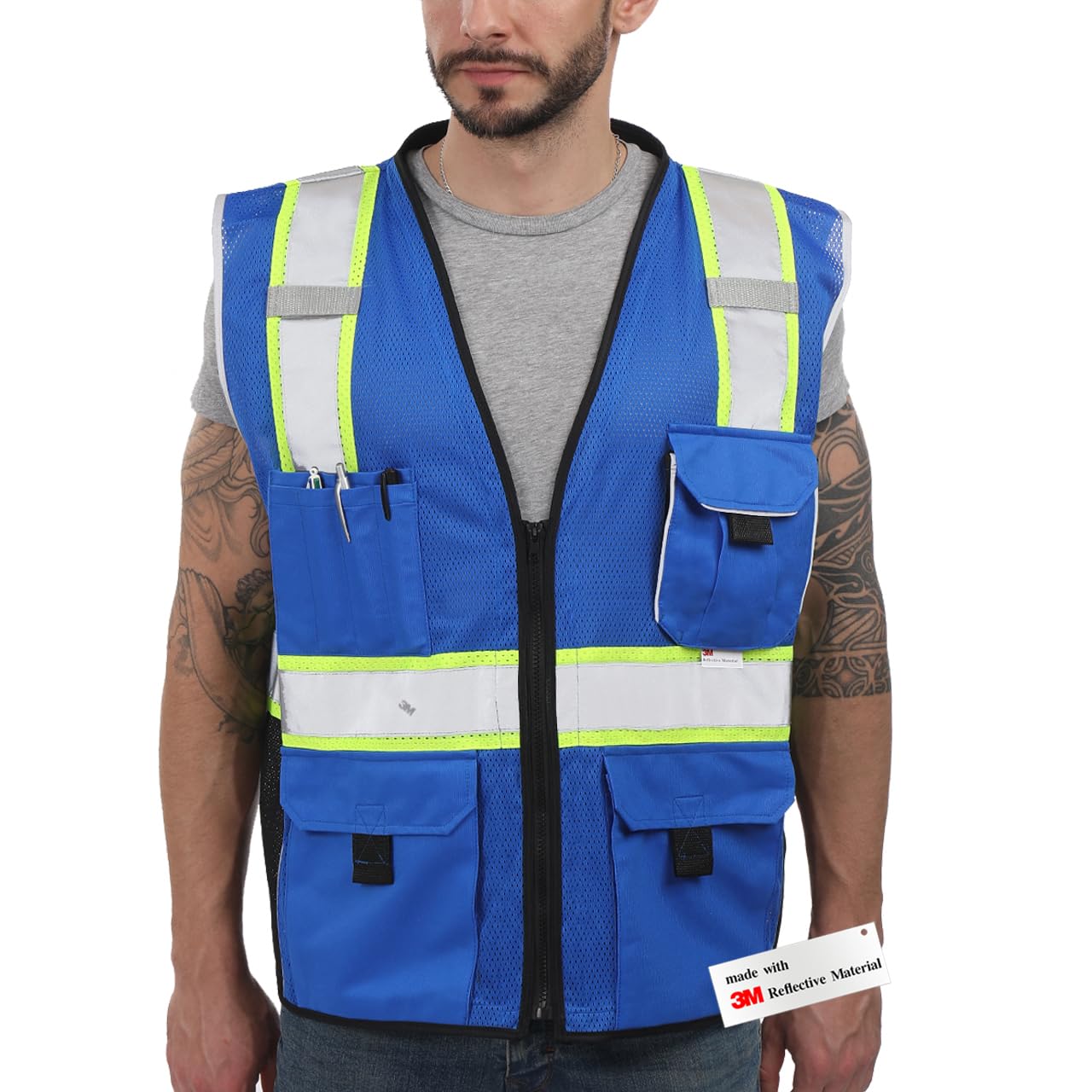 Dib Safety Vest Reflective Blue Mesh, High Visibility Vest with Pockets and Zipper, Heavy Duty Vest Made with 3M Reflective Tape XL