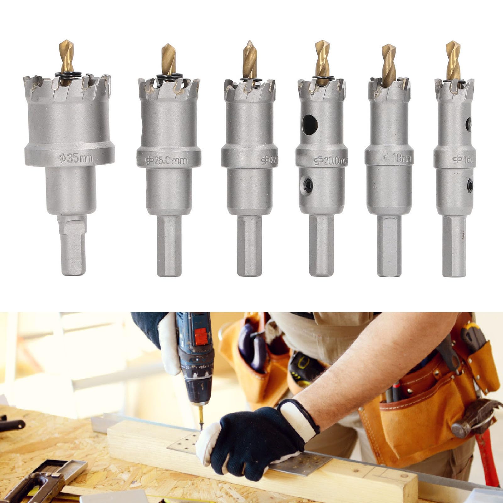Kit de sierras para taladrar de 6 piezas, de 16 a 35 mm, con punta de carburo y diseño de 3 cuchillas; cortador de agujeros multifuncional de alta precisión para metal, madera y