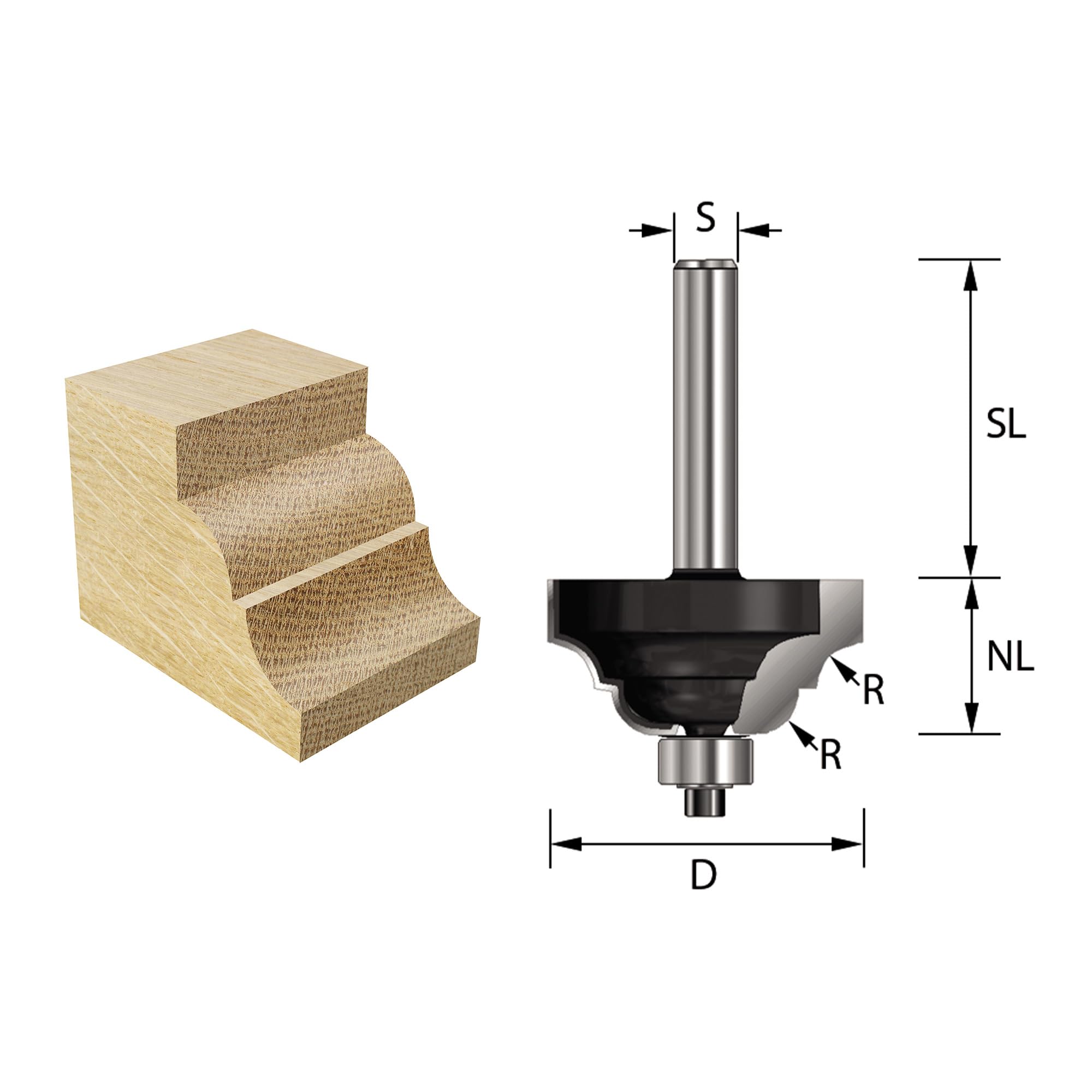 ENT 15172 Frez profilowy rzymski Classic w wegliku, trzpien (S) 8 mm, srednica (D) 31,8 mm, NL 15,9 mm, R 4,8 mm, SL 32 mm, z lozyskiem kulkowym