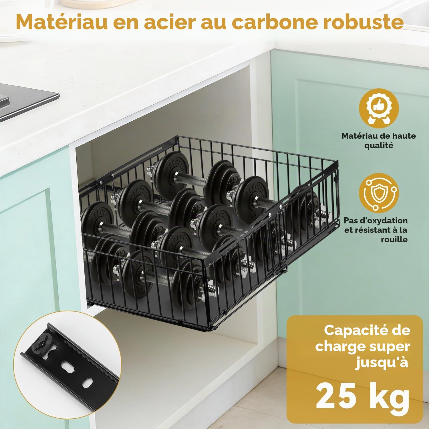 Lot de 2 Tiroirs Coulissants pour Placard de Cuisine - Organisateur de Rangement Coulissant Extensible, Largeur Réglable de 30 à 51 cm, Sans Perçage, Universel pour Cuisine, Salle de Bain, Dressing