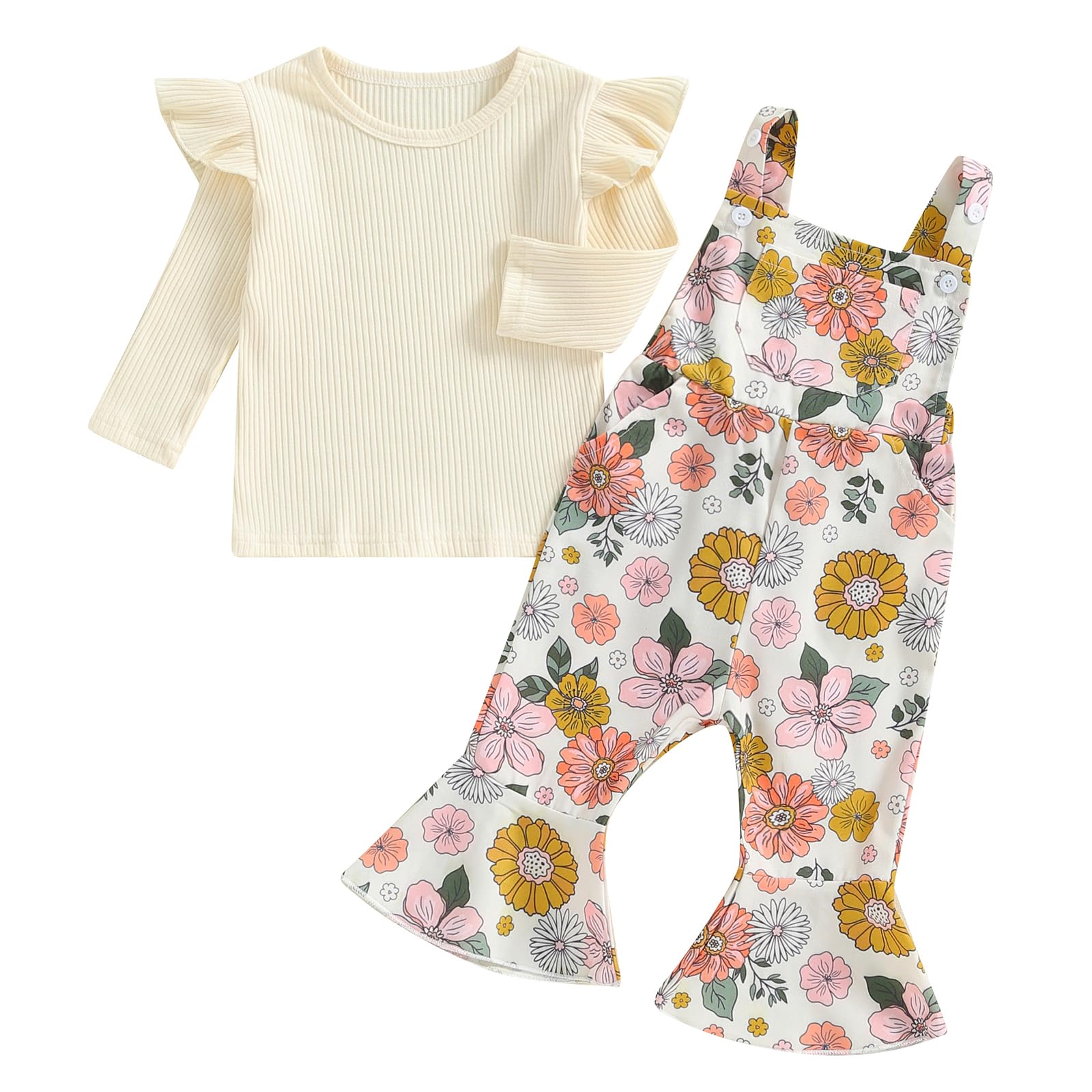Newbgclo Toddler Girls Clothes Ribbed Long Sleeve Ruffle Tops Floral Suspender Overalls Flared Pants Set Fall Winter Outfits