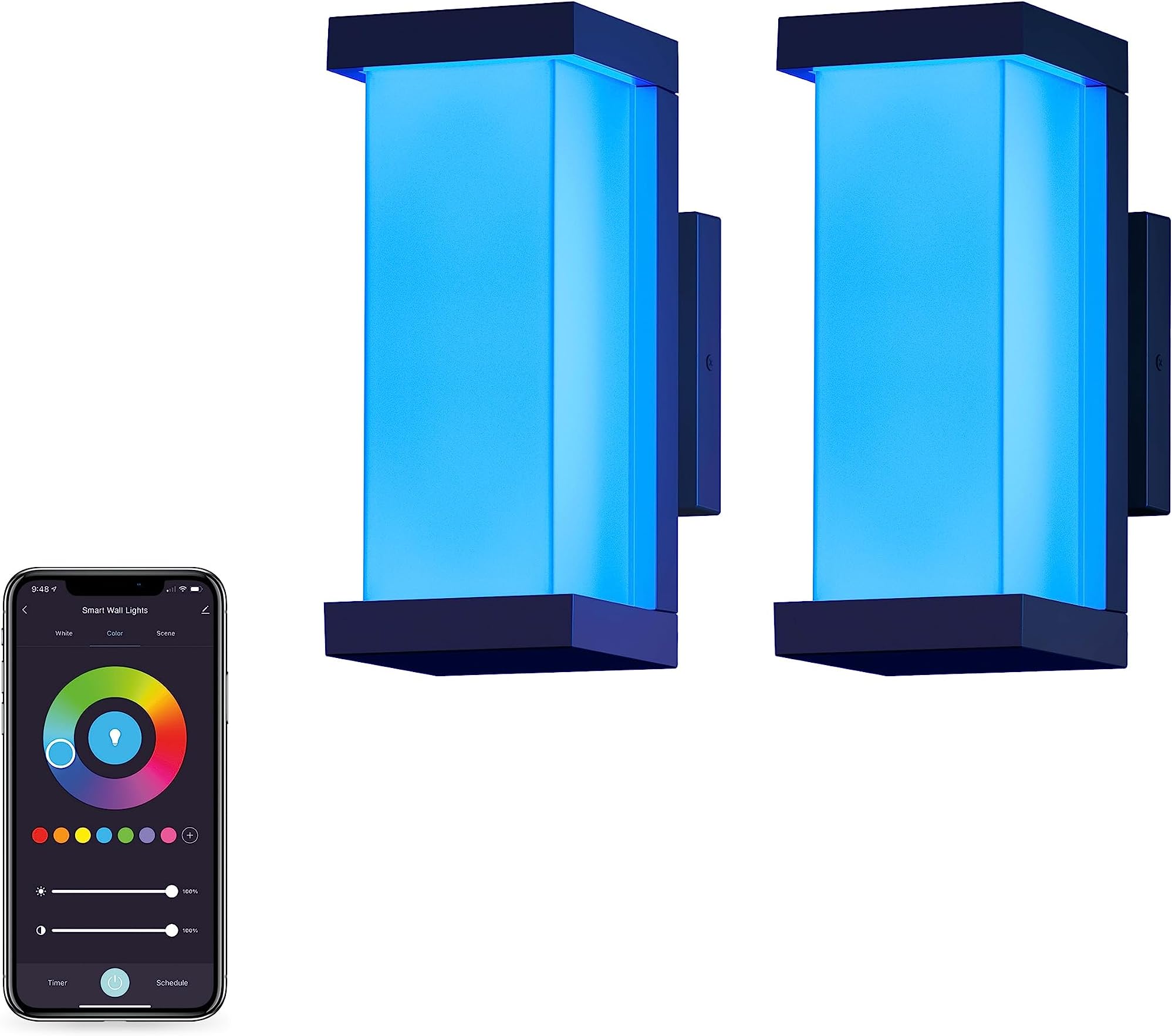 Atomi Smart WiFi LED Square Wall Sconce Lights – 2-Pack, 1200 Lumens 20W, Tunable and Dimmable, Outdoor IP65, White and Color-Changing 2000K-6500K, App Control, Works with Alexa and Google Assistant