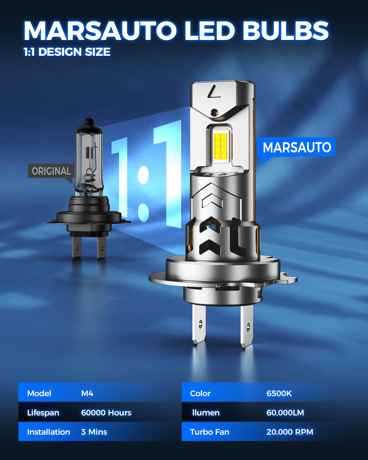 Marsauto Lampadina H7 LED 34000LM, 6500K 800% Brillante, Formato Mini 1:1 con Ventola di Raffreddamento da 14500 giri/min, Plug and Play, 2 Pezzi