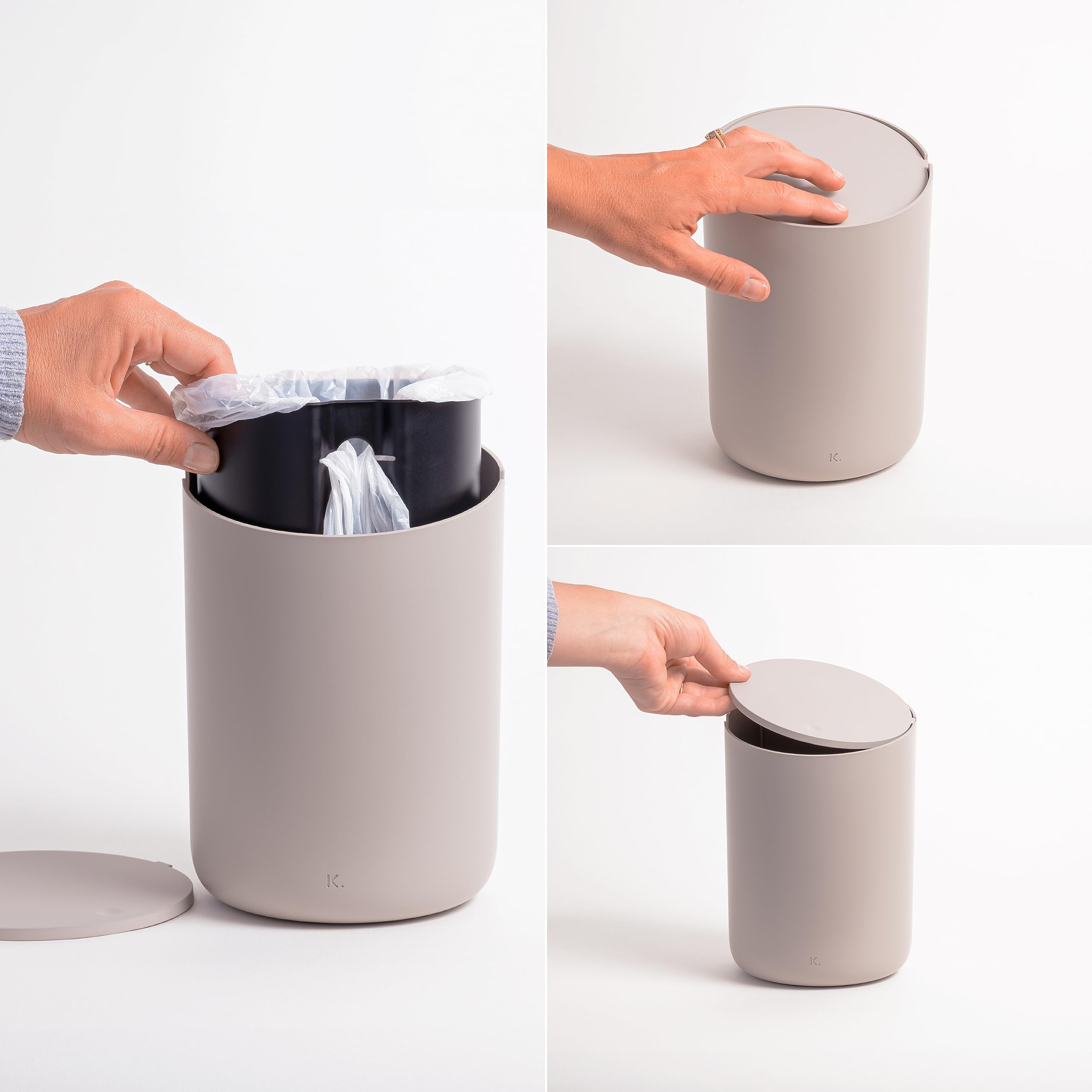 Kazai.® Mały Kosz na Śmieci 'Tove' - Ekskluzywny Miniaturowy Kosz Projektowy z Berlina | Do Łazienki, Kuchni i Biurka | Pojemność 1,5L, Antypoślizgowy, Wewnętrzny Kosz | Taupe