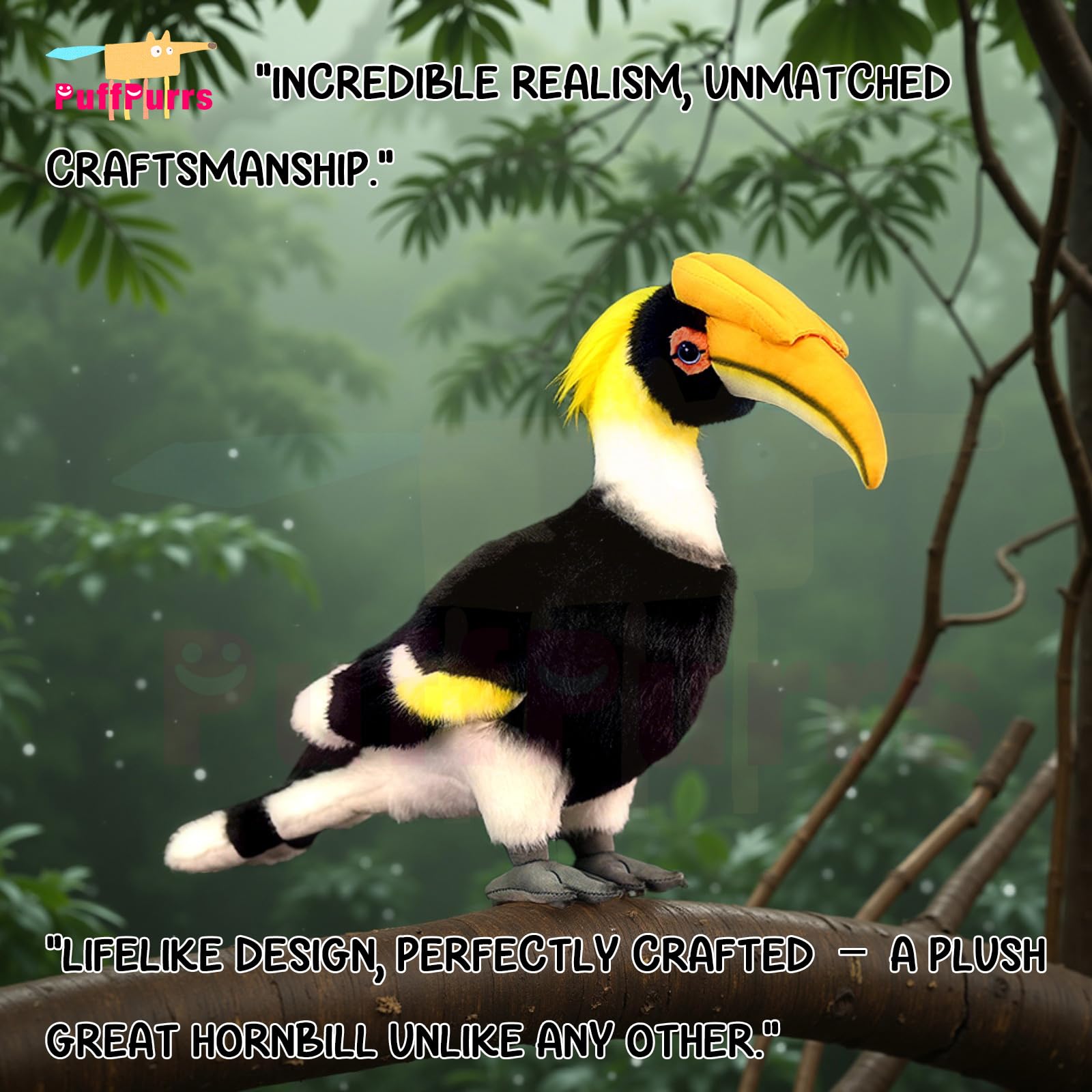 PuffPurrs Lifelike Great Hornbill Plush Toy, Cute Realistic Buceros Bicornis Teddy Stuffed Animal - Image 2
