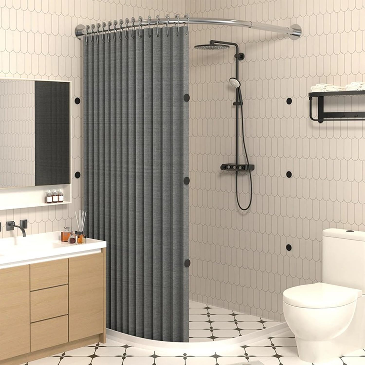 Tenda da doccia impermeabile in tessuto di lino resistente, con set magnetico e asta, pieghevole, perfetta per bagni e camerini, decorazione elegante e funzionale per la casa