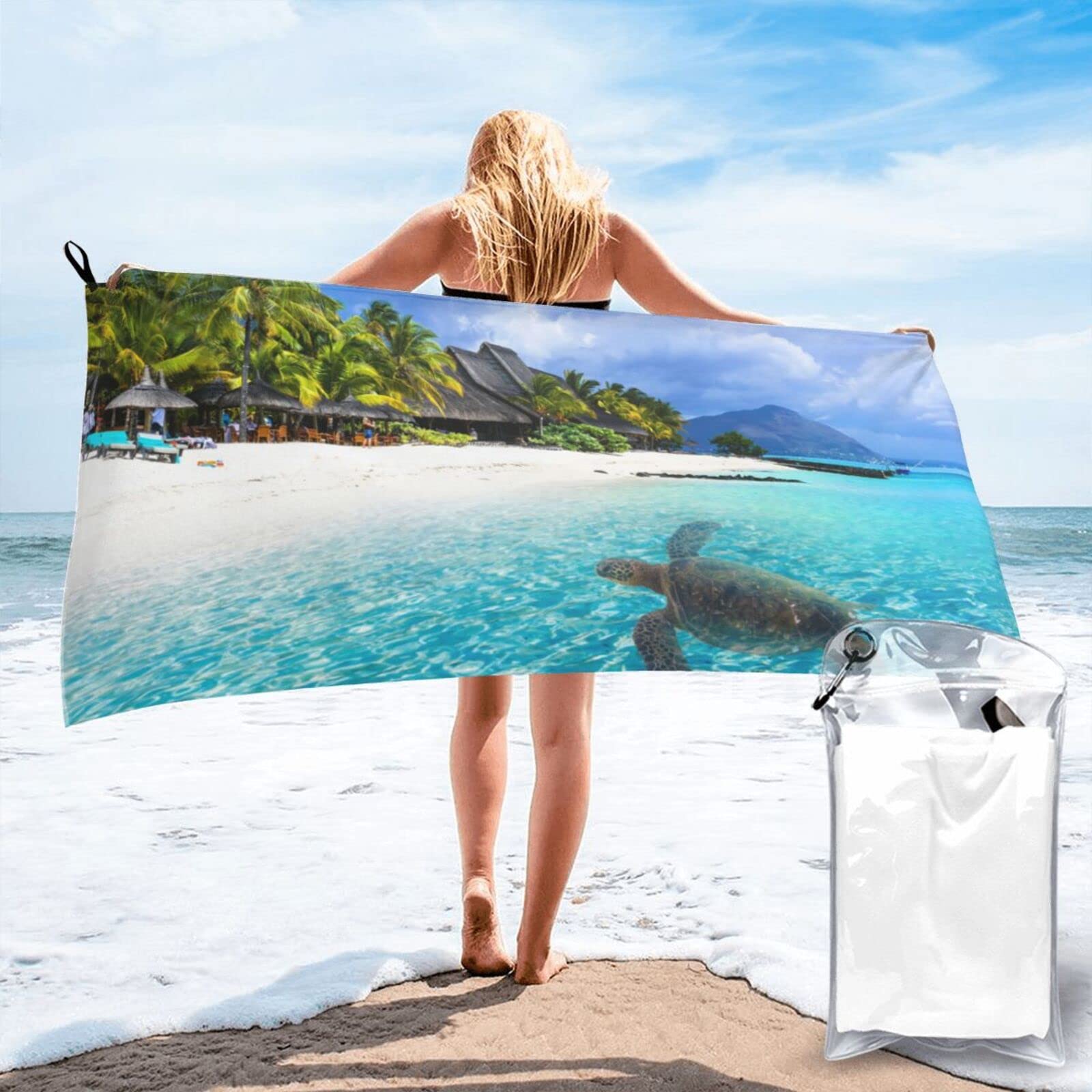 Lawenp Hawaiian Green Sea Turtle Microfiber Beach Towel Adults Large Quick Drying Bath Towel Travel Towels with Pouch 31.5"x63"
