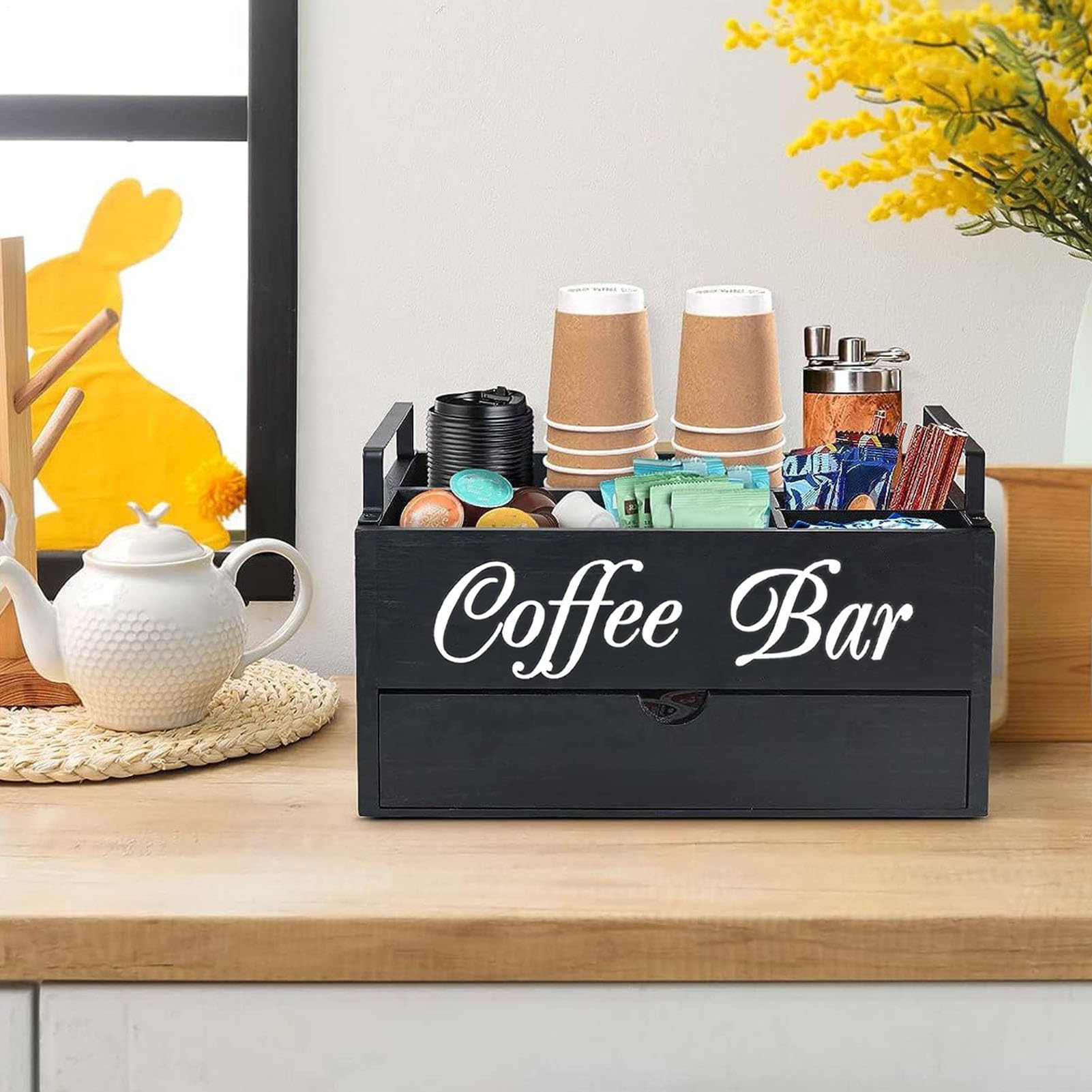 Générique Organizzatore Stazione Caffè - Cofanetto Tè, Bar Caffè | Scaffale da cucina in legno per zucchero, crema, tè, cestino portaoggetti da bancone per panetteria, ufficio