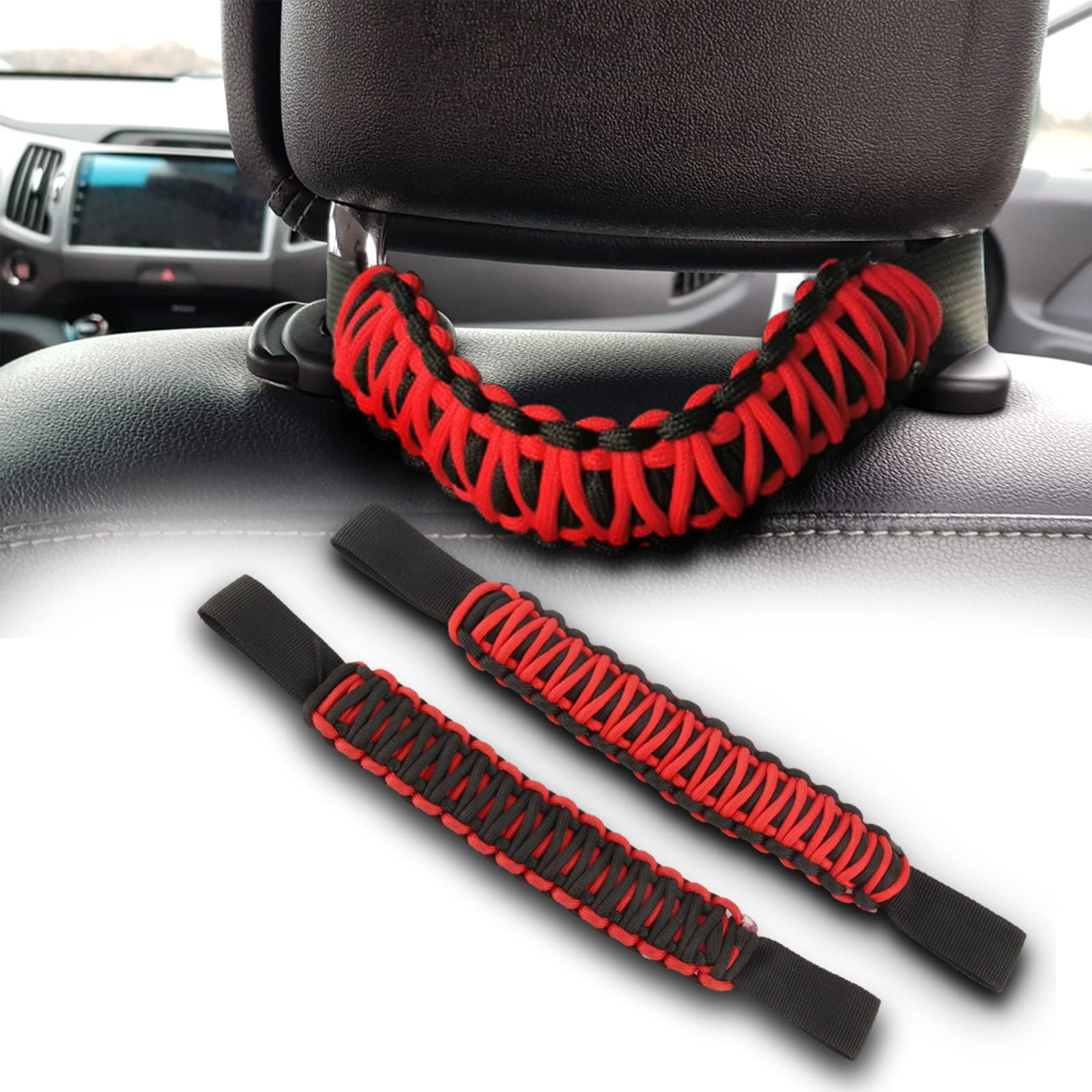 TeguangmeiParacord Grab Handles, Front Headrest Grab Handle Compatible for J-eep Wrangler TJ JK JL JT Land Cruiser FJ Suzuk Ford Bronco Toyota Tacoma SUV ATV Seat Handle Accessories - Red - 2PCS