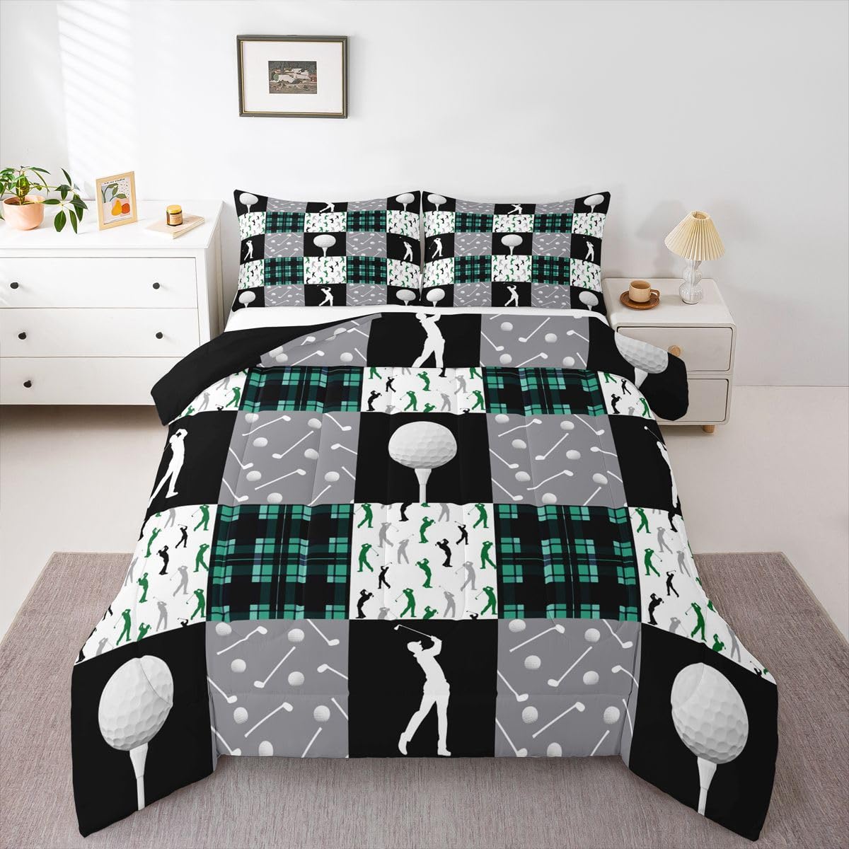 Feelyou Golf Comforter Set Full Size Black Green Plaid Buffalo Check Geometric Bedding Set for Kids Boys Girls Sports Theme Duvet Quilt Bedroom Decor Microfiber 3 Pcs with 2 Pillow Cases