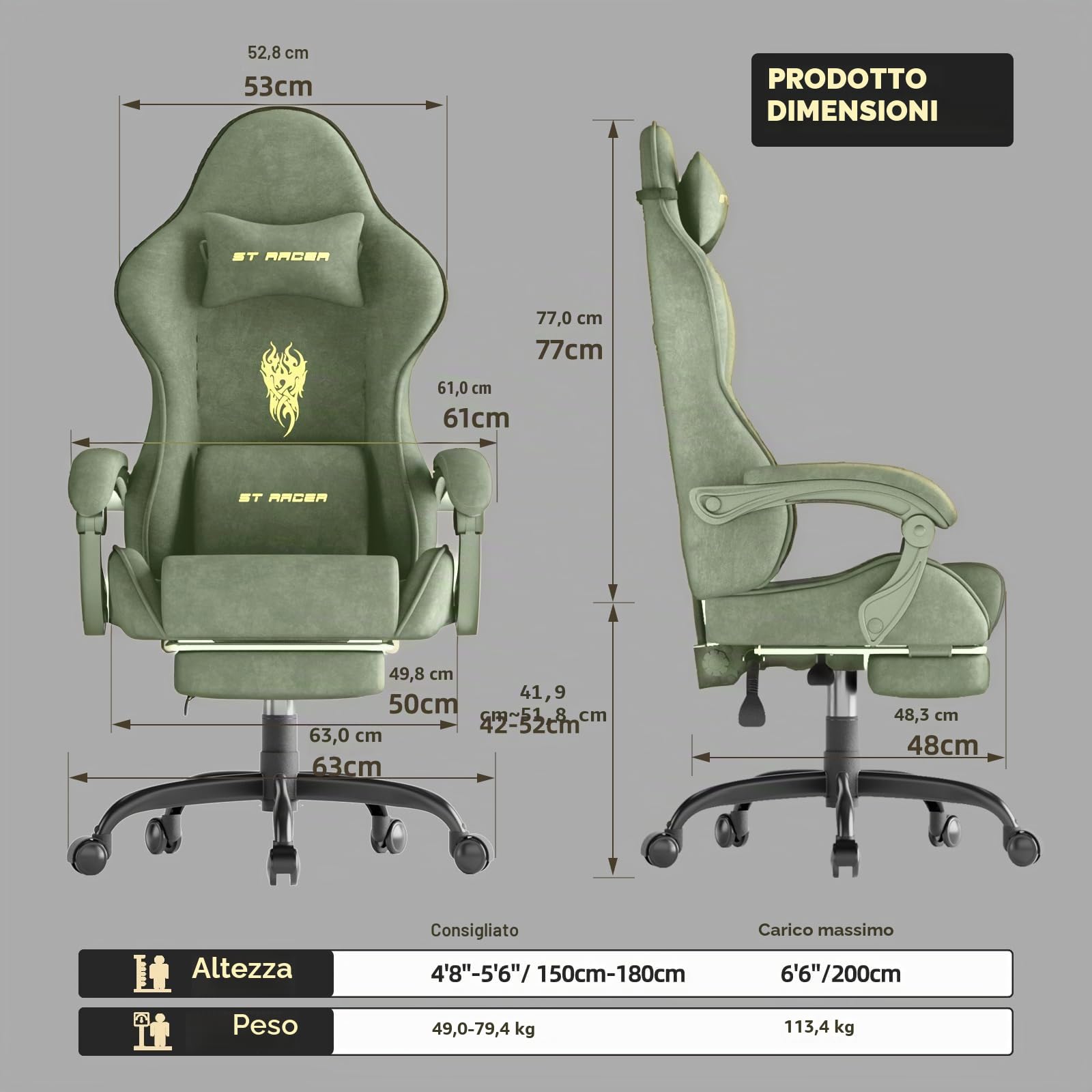 Huracan Sedia da gaming con massaggio lombare, Sedia da Gamer ergonomica, in tessuto di velluto, Poltrona da Gaming con poggiatesta regolabile e cuscino lombare, poggiapiedi, verde