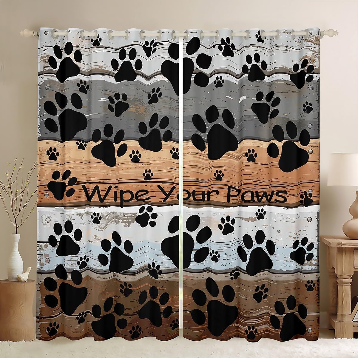 Castle Fairy Animals Paw Window Curtains,Gray Brown Vintage Wood Curtain,Cat Dog Footprint Window Drapes for Kids Teens Boys Young Man,Modern Bedroom Decorative,Rustic Farmhouse Curtain,42Wx63L