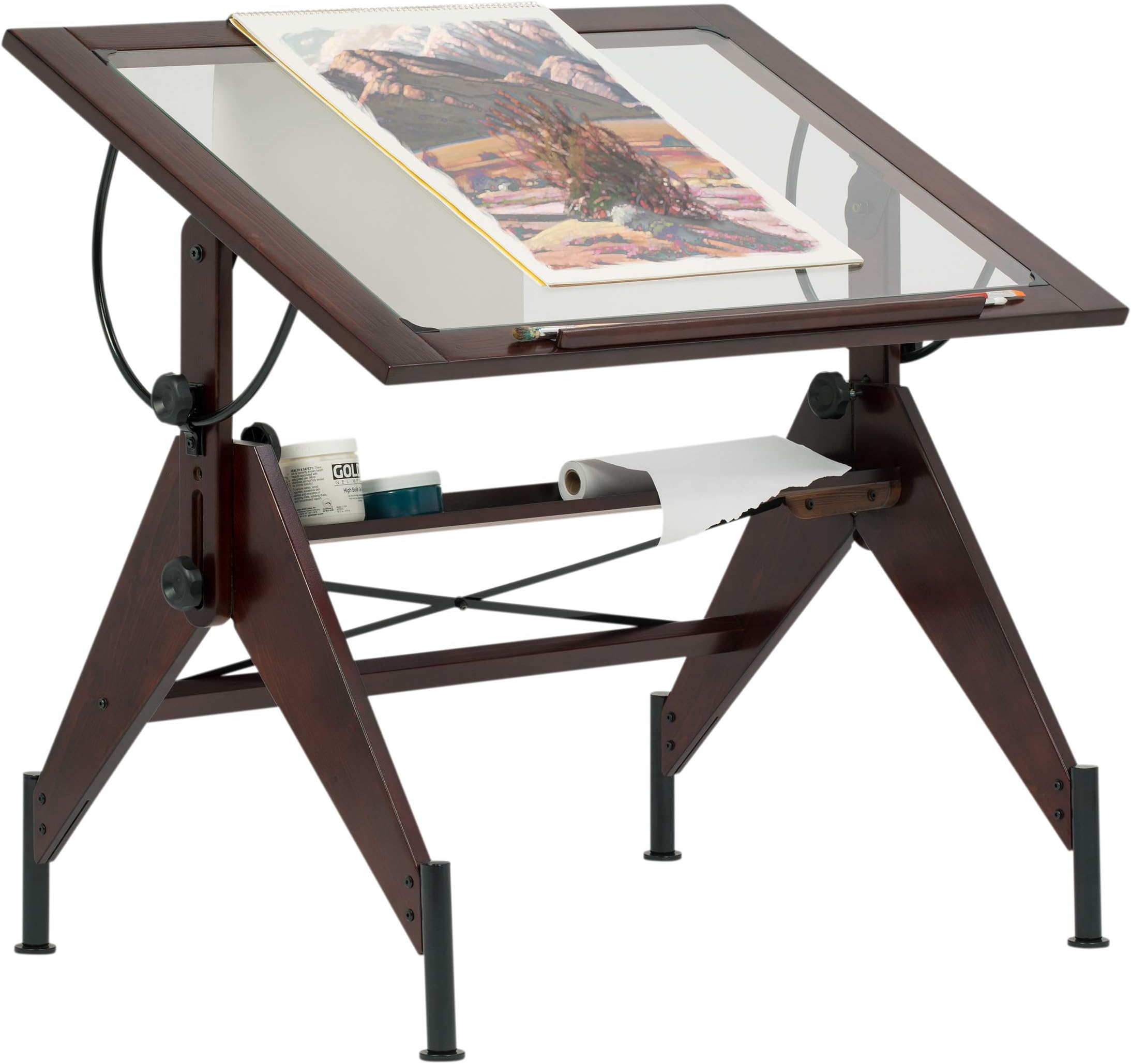STUDIO DESIGNS Aries Glass Top Drafting Table Sonoma Dark Walnut Brown/Clear Glass