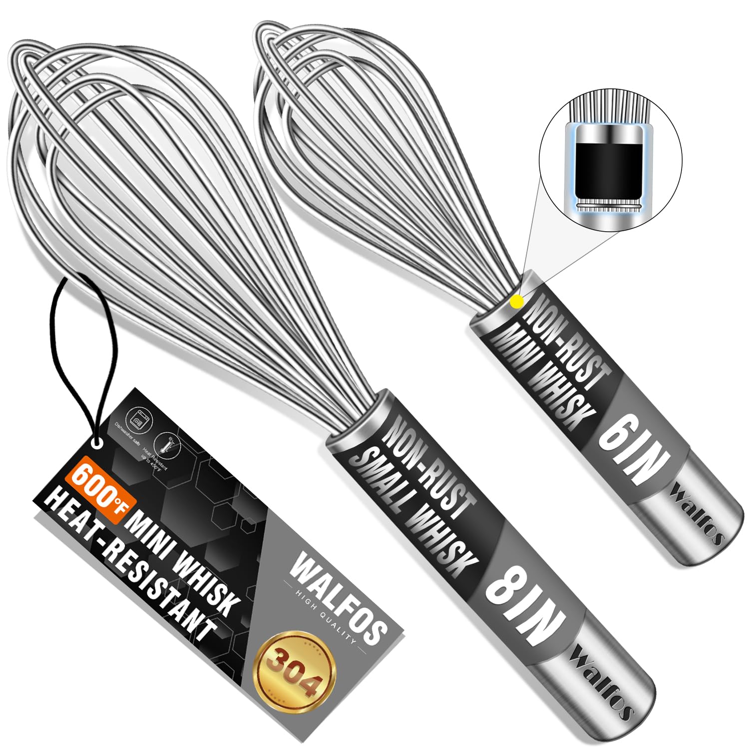 Walfos Mini Whisk,6+8 in Small Whisk,304 Stainless steel Whisks Heat Resistant 600°F,Nice for mixing salad dressings or beating an egg.Tiny whisk size great for narrow and shallow vessels.Silver
