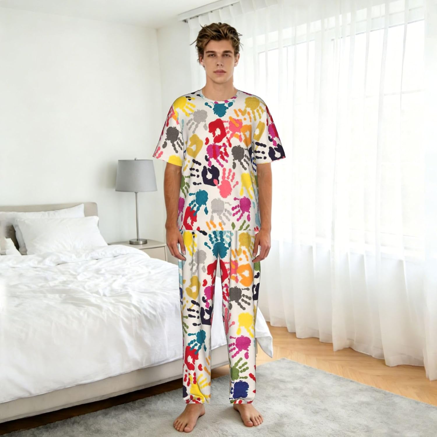 Men'S 2 Piece Loungewear Pajama Set Hand Print Print Short Sleeve Tee Top And Pants Set S-3xl