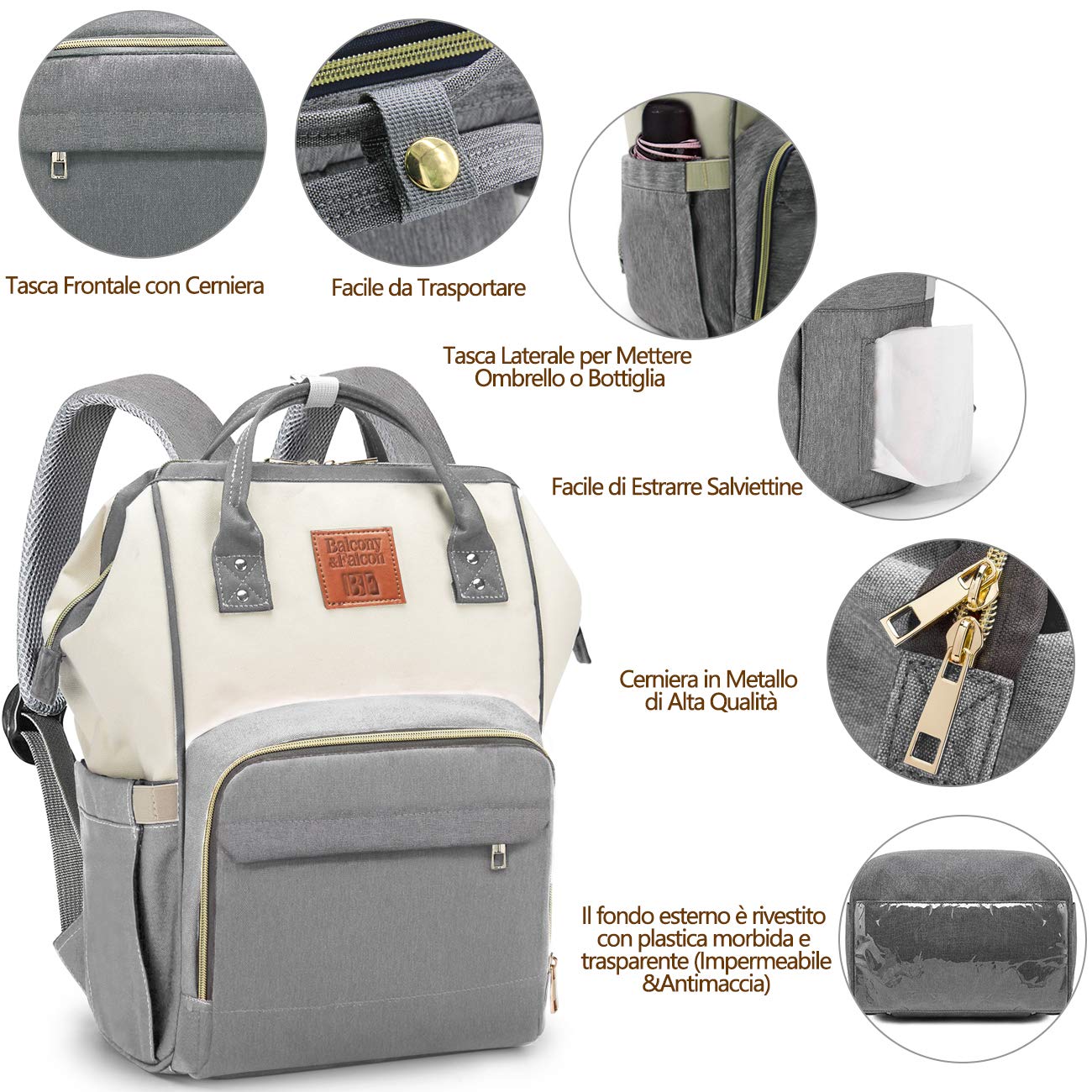 Zaino Multifunzione Mamma, Fasciatoio Neonati Impermeabile Grande Borsa Nappy Oxford 56L Con Fasciatoio 70x50cm in Omaggio +2 Ganci per Passeggino Grigio