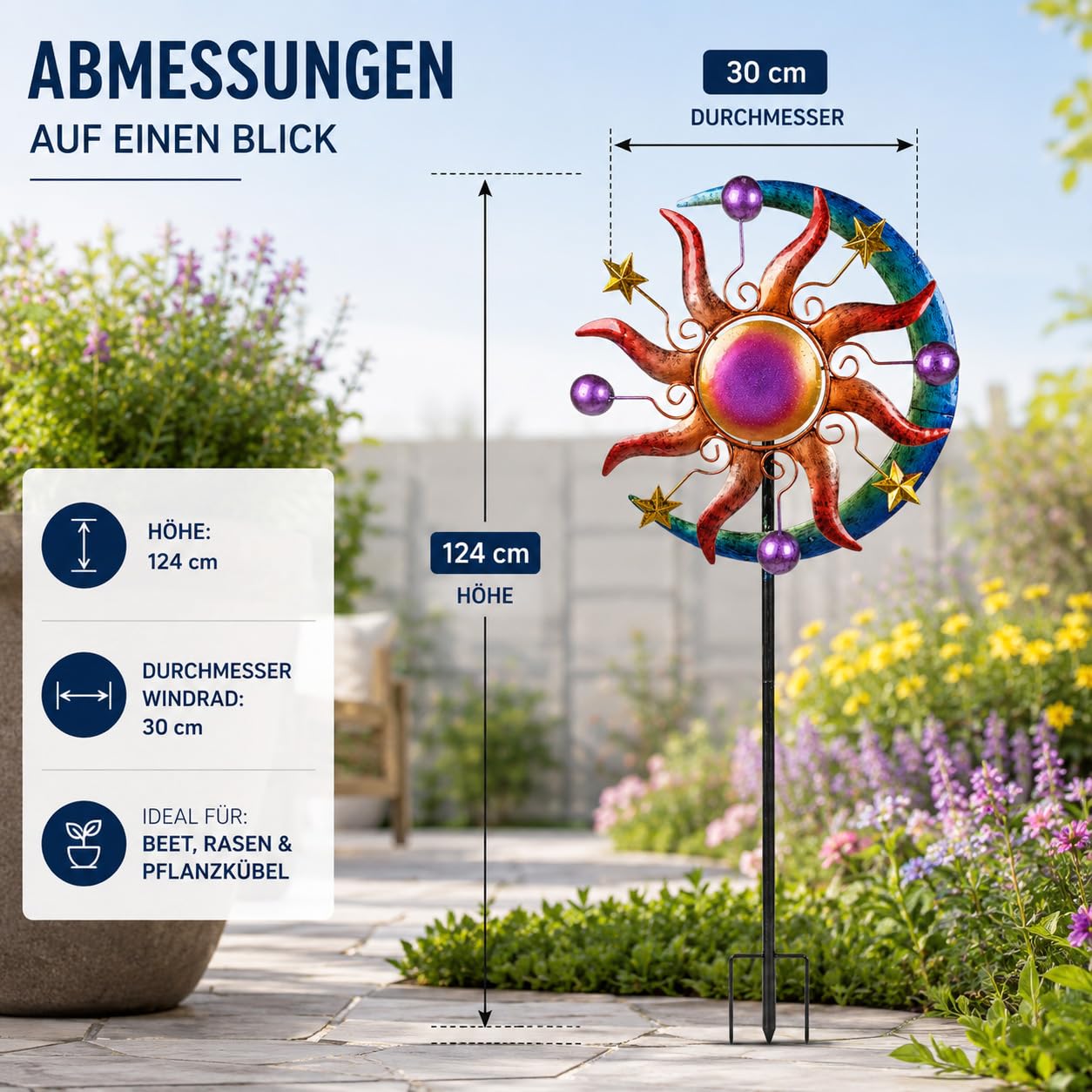 Girandola colorata sole luna e stelle per giardino in metallo scacciapensieri mulino a vento 124 cm