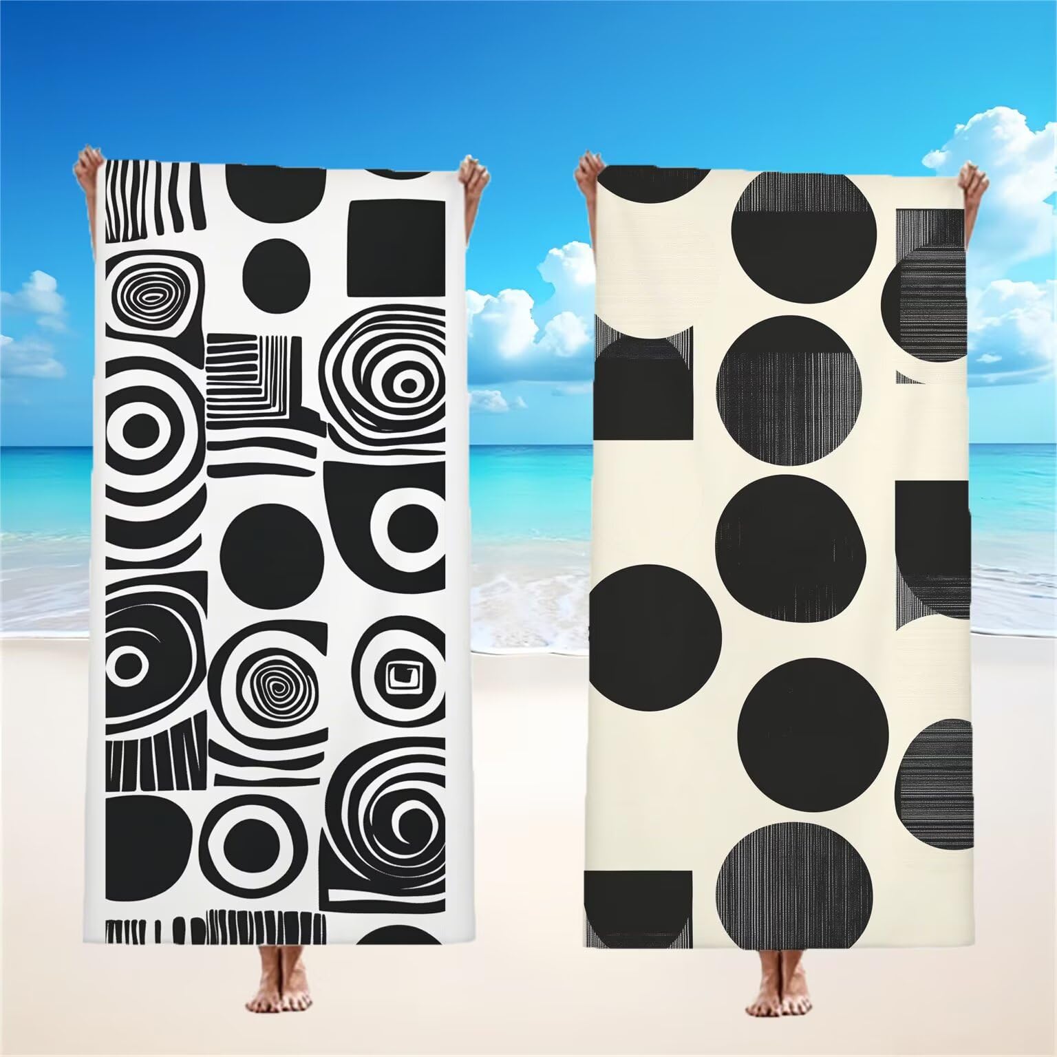 Czarny ręcznik plażowy dla dorosłych, ręcznik z mikrofibry 100 x 200 cm, duży, 2 sztuki, ręczniki kąpielowe, unikalne, chłonne, szybkoschnące, odporne na piasek, lekka konstrukcja, do jogi, siłowni