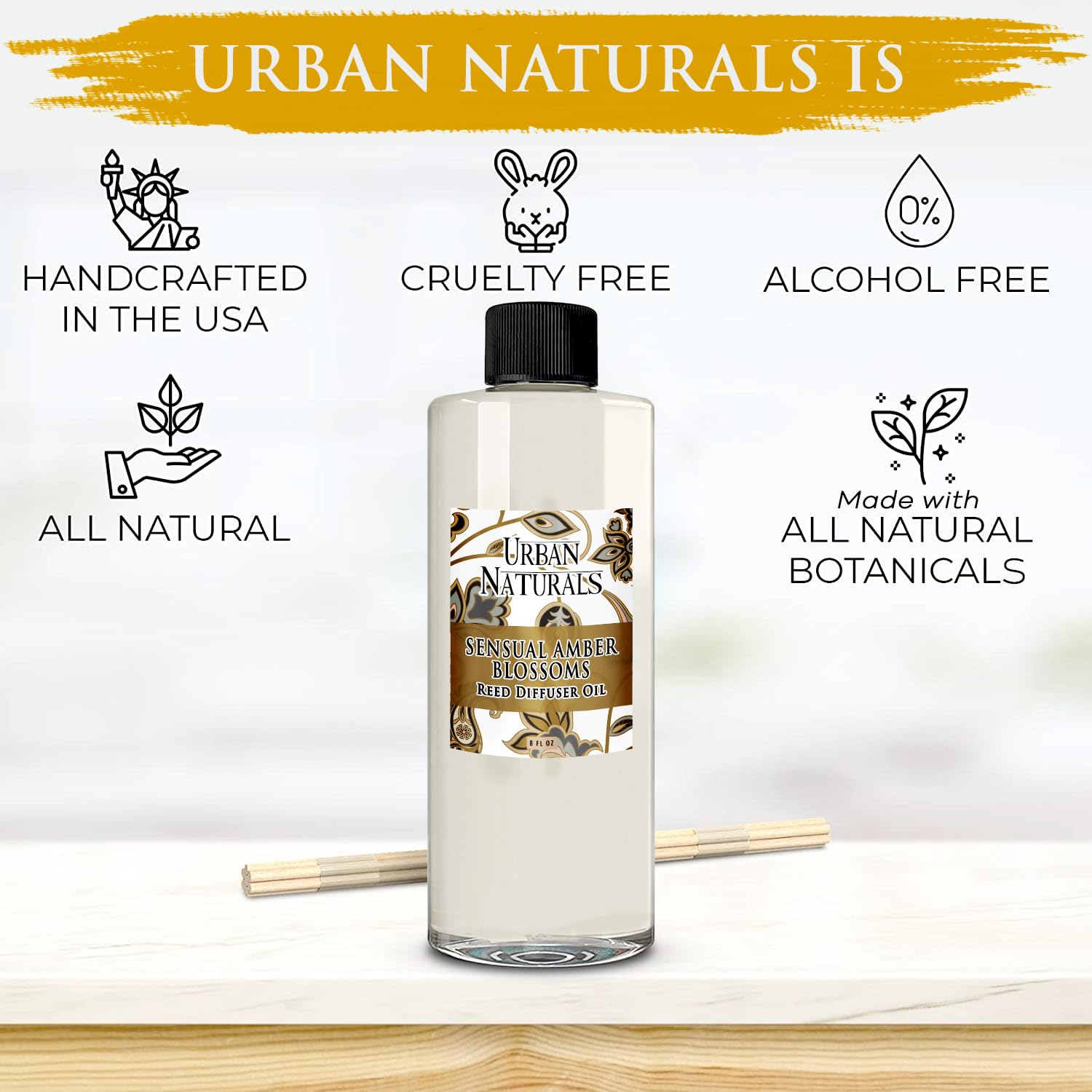 Urban Naturals Sensual Amber Blossoms - Recambio para difusor de varillas de aceite esencial | Tamaño grande de 8 onzas | Incluye un juego de varillas de caña gratis. Fabricado en los Estados Unidos