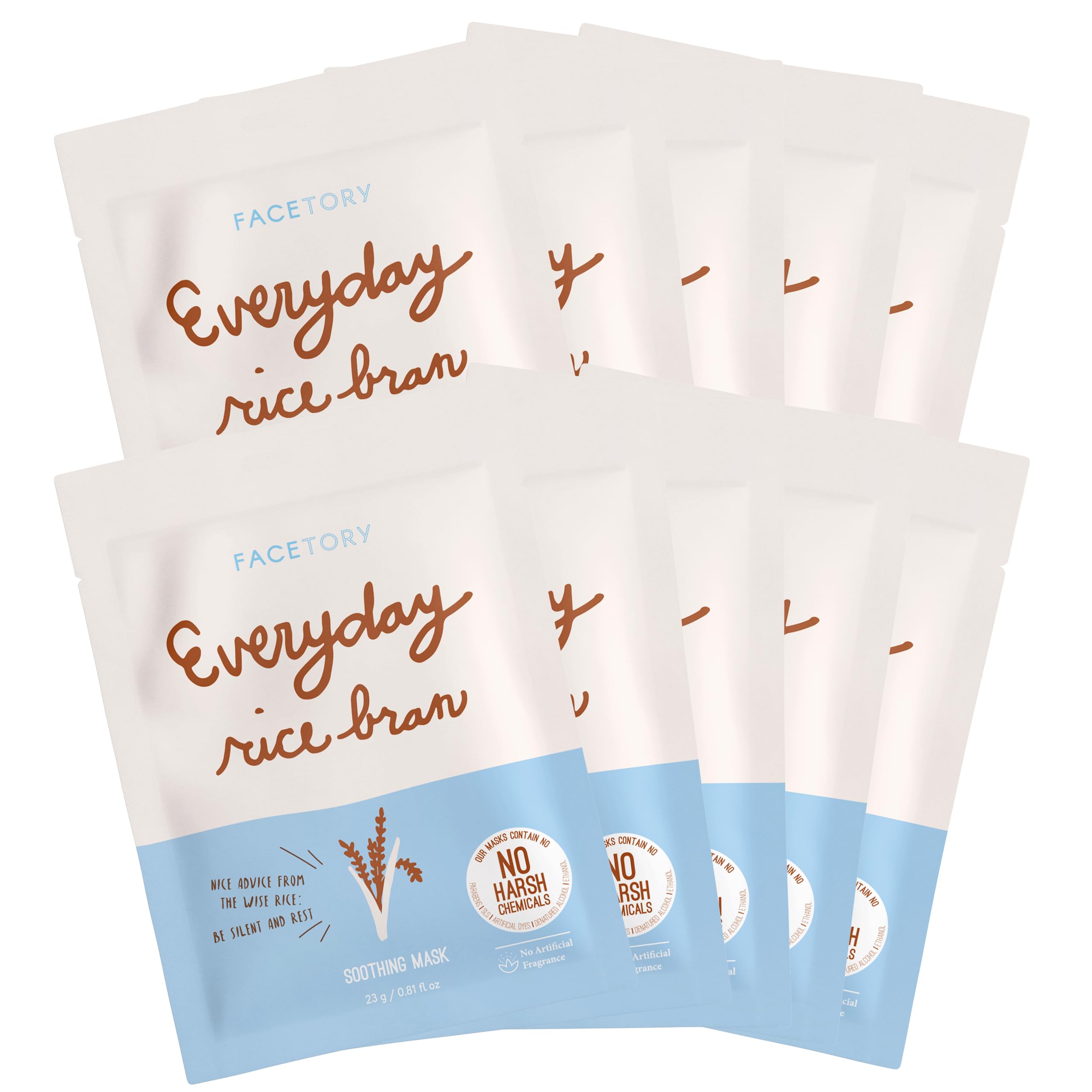 FACETORY K Beauty Face Mask Skin Care - Everyday RICE BRAN Soothing Sheet Mask | Plant-Based Rice Face Mask (10 Pack)