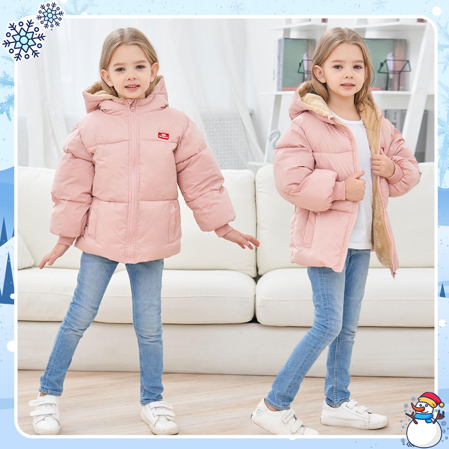 Kids4ever Abrigo de invierno para bebés y niñas, chaqueta con capucha y cremallera, resistente al viento, forro polar cálido, traje de nieve con dos bolsillos, 12 meses-5 años