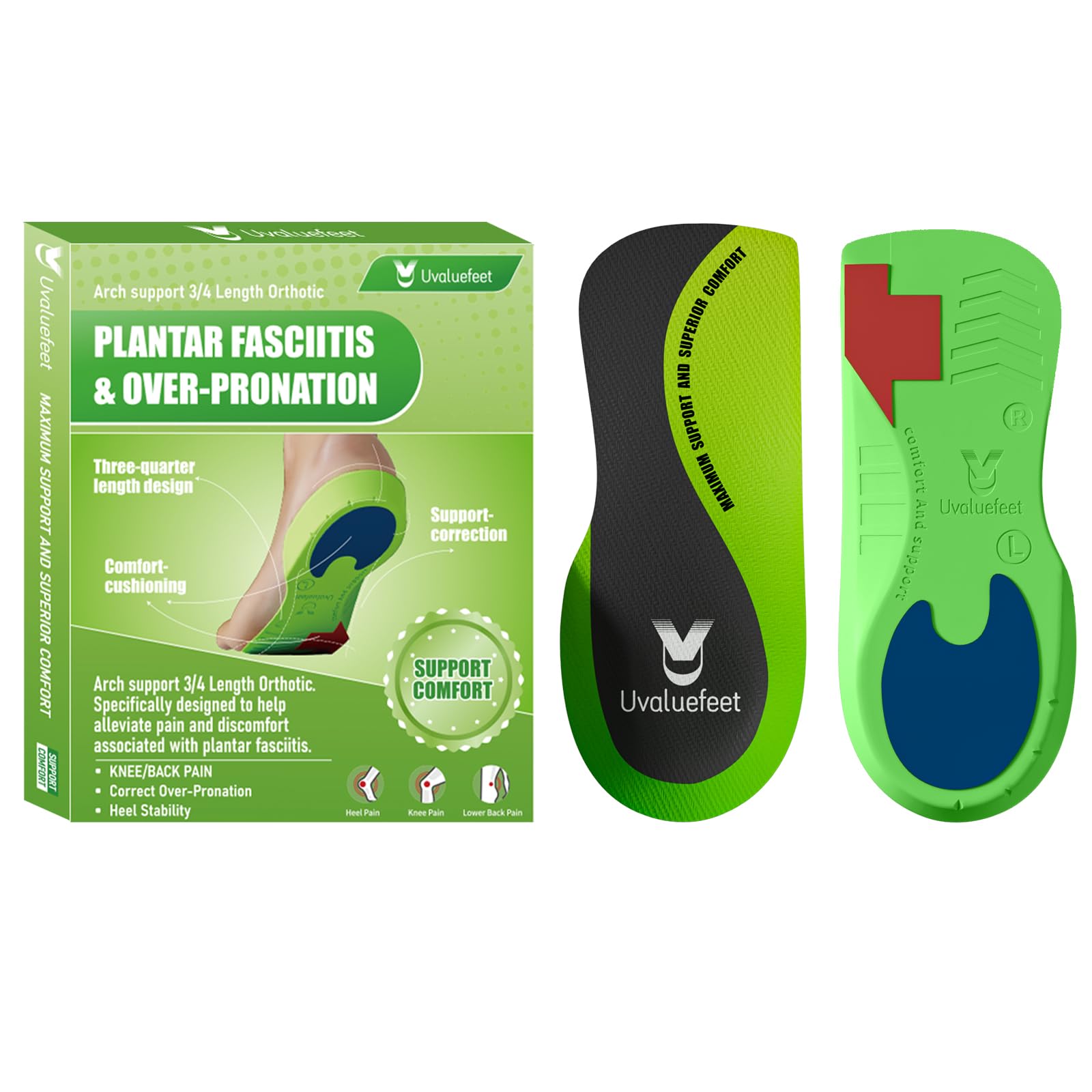 Orthopädische Einlegesohlen 3/4-Länge, Fußgewölbestütze Schuheinlage für Plantarfasziitis und Plattfuß, Fersensporn Einlagen, Dual-Dämpfendes Pads-Design, Komfort Einlegesohlen für Herren und Damen-S