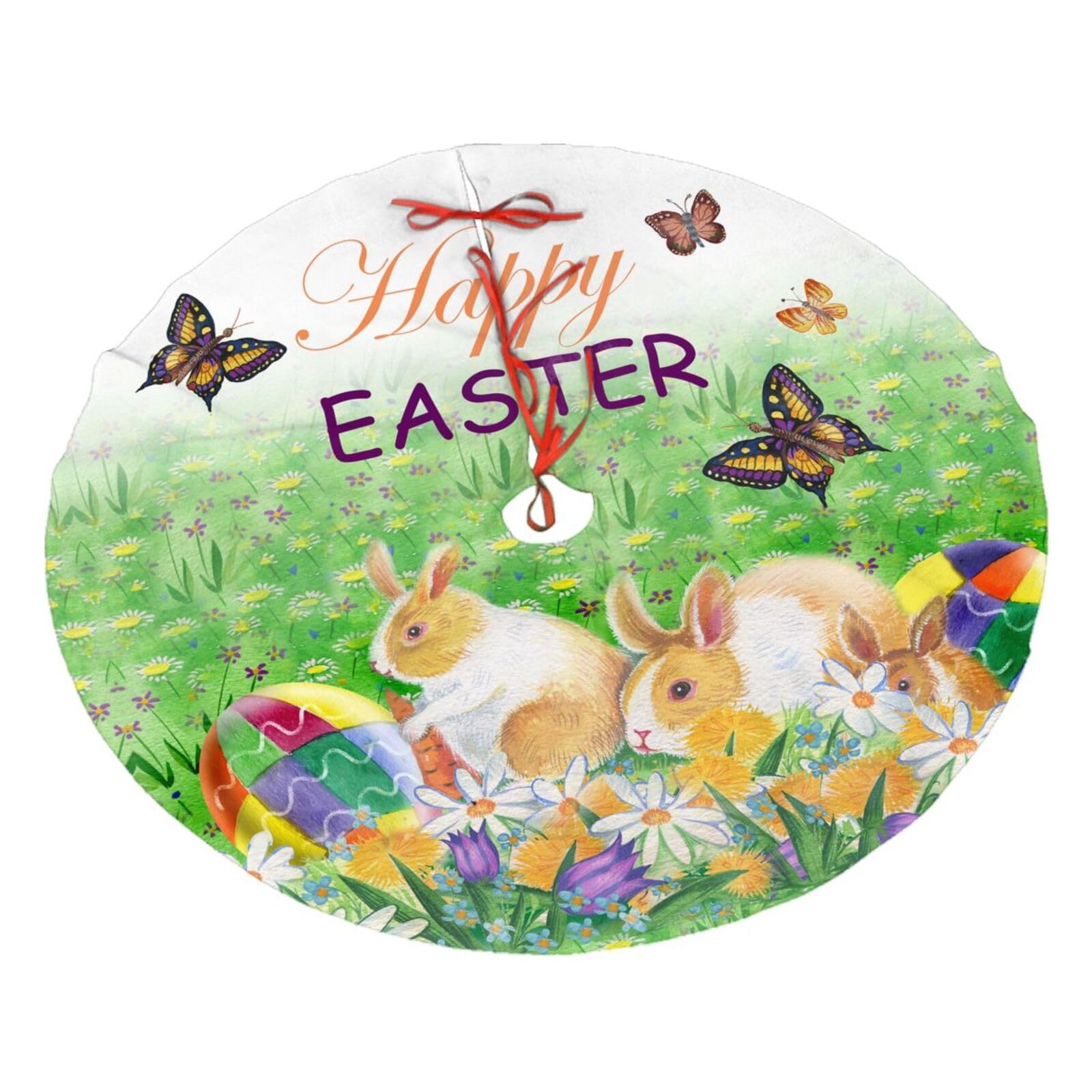 Mount Hour Christmas Tree Skirt, Easter Holiday Easter Rabbit Bunny Eggs Spring Flower Xmas Large Tree Mat, New Year Festive Holiday Party Decorations 30" inches