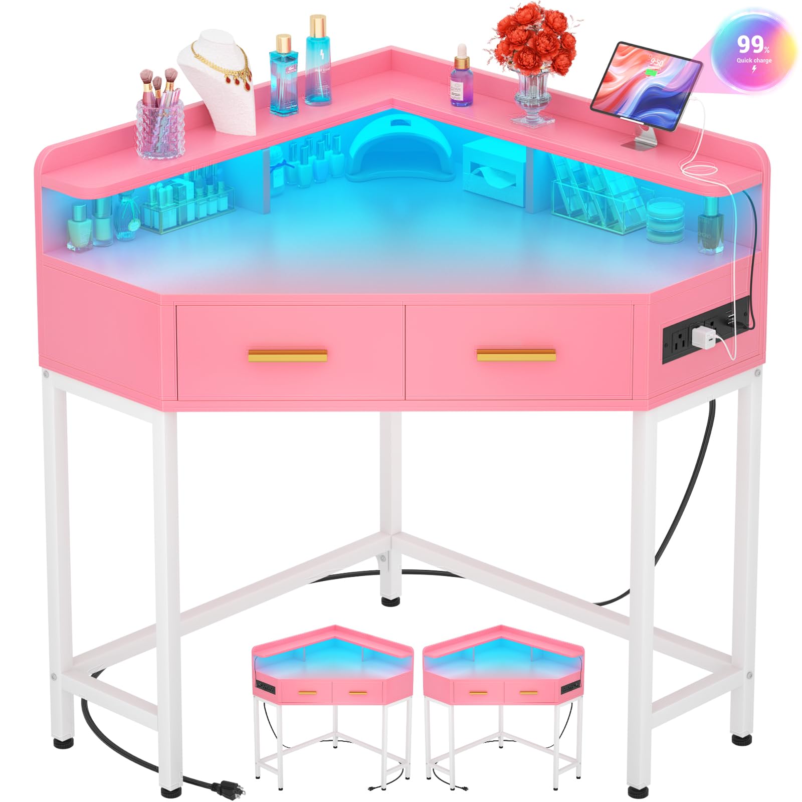 CyclysioCorner Desk with Lights & Charging Station, Triangle Computer Desk for Small Space, Bedroom, Makeup Vanity Desk with Storage Drawers, Pink