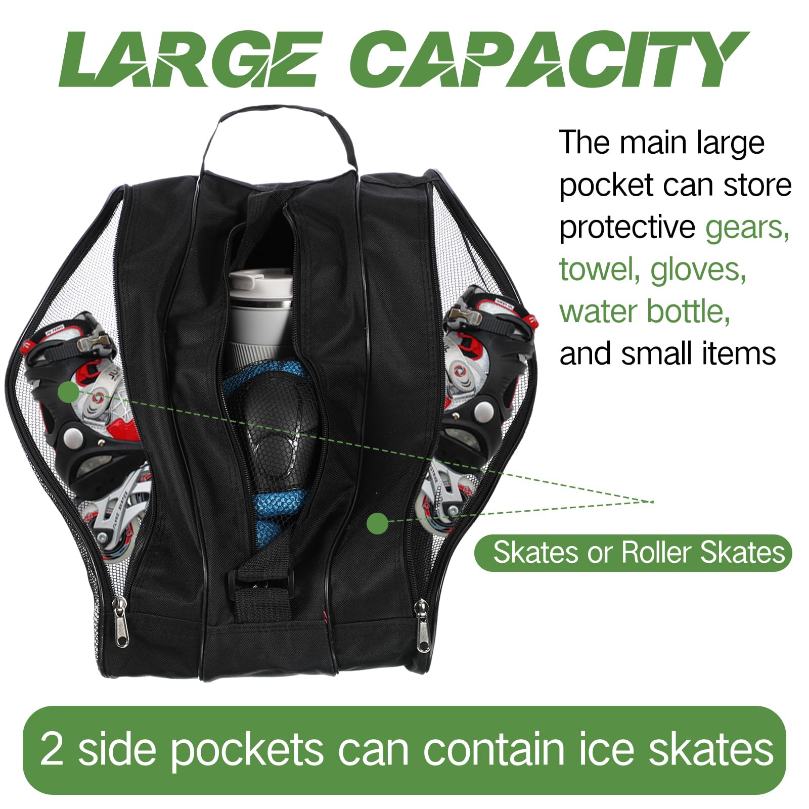 CHENGU Lot de 2 sacs de patins à roulettes respirants de grande capacité avec bandoulière réglable - Accessoires de patinage artistique pour garçons et filles - Noir
