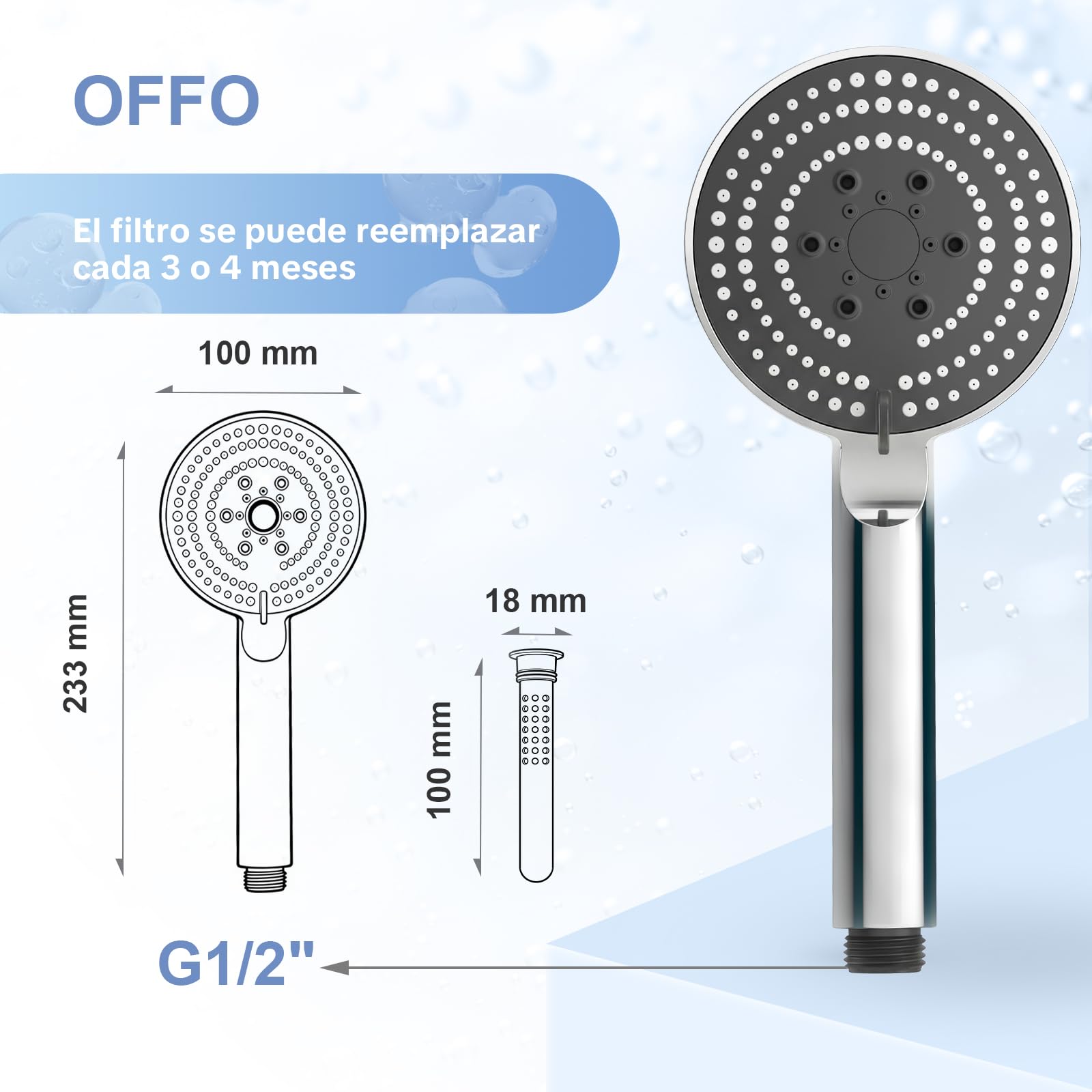OFFO Alcachofa Ducha con Manguera de 1.6 m, Alcachofa de Ducha con Filtro Antical, Cabezal Ducha Alta Presion con 6 Modos de Chorro, Shower Head Filtración Múltiple, Fácil de Limpiar, Cromo — view 9