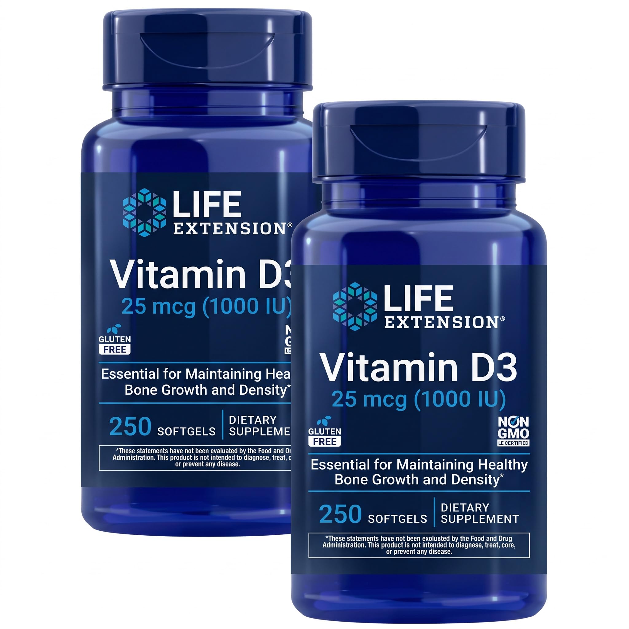 Life Extension Vitamin D3 25 mcg (1000 IU), Immune System Support, Bone Health, Whole-Body Health, Value Size, Gluten-Free, Non-GMO, 250 softgels (Pack of 2)