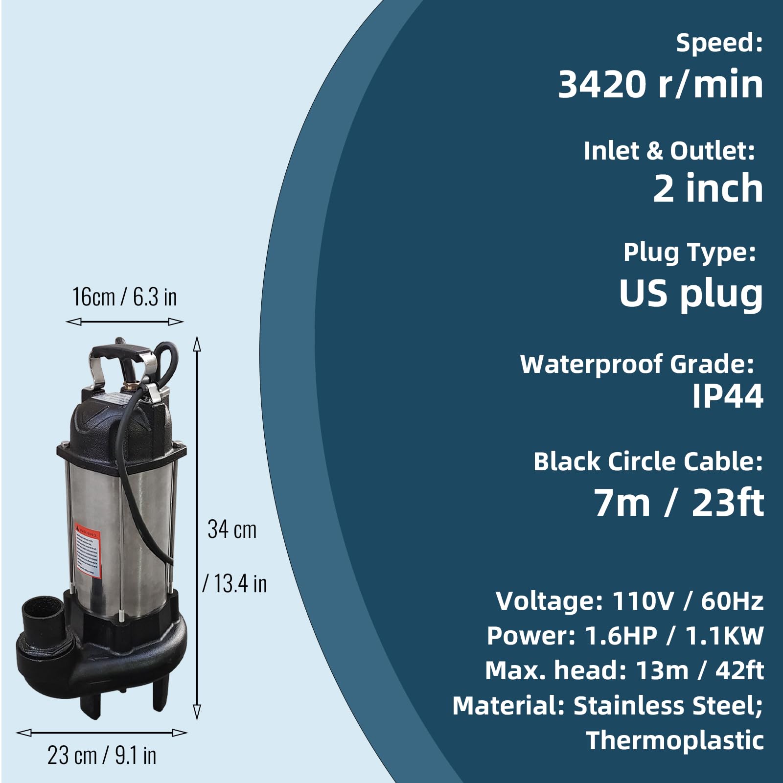 Pompa per acque reflue da 1,6 HP, 110 V, 1,1 kW, pompa di effluente da 105,67 gpm, interruttore a galleggiante con legatura automatica, pompa di scarico in acciaio inox per lavandino di