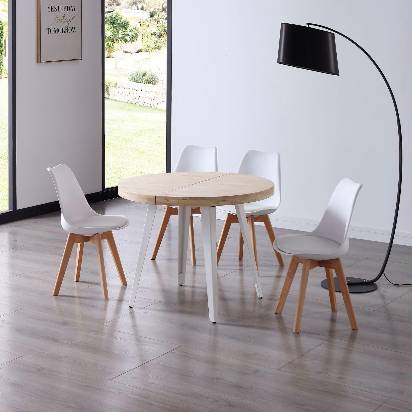 Miroytengo Mesa Salón Comedor Redonda Extensible Bali Color Roble Nordish y Blanco 76x100-180x100 cm