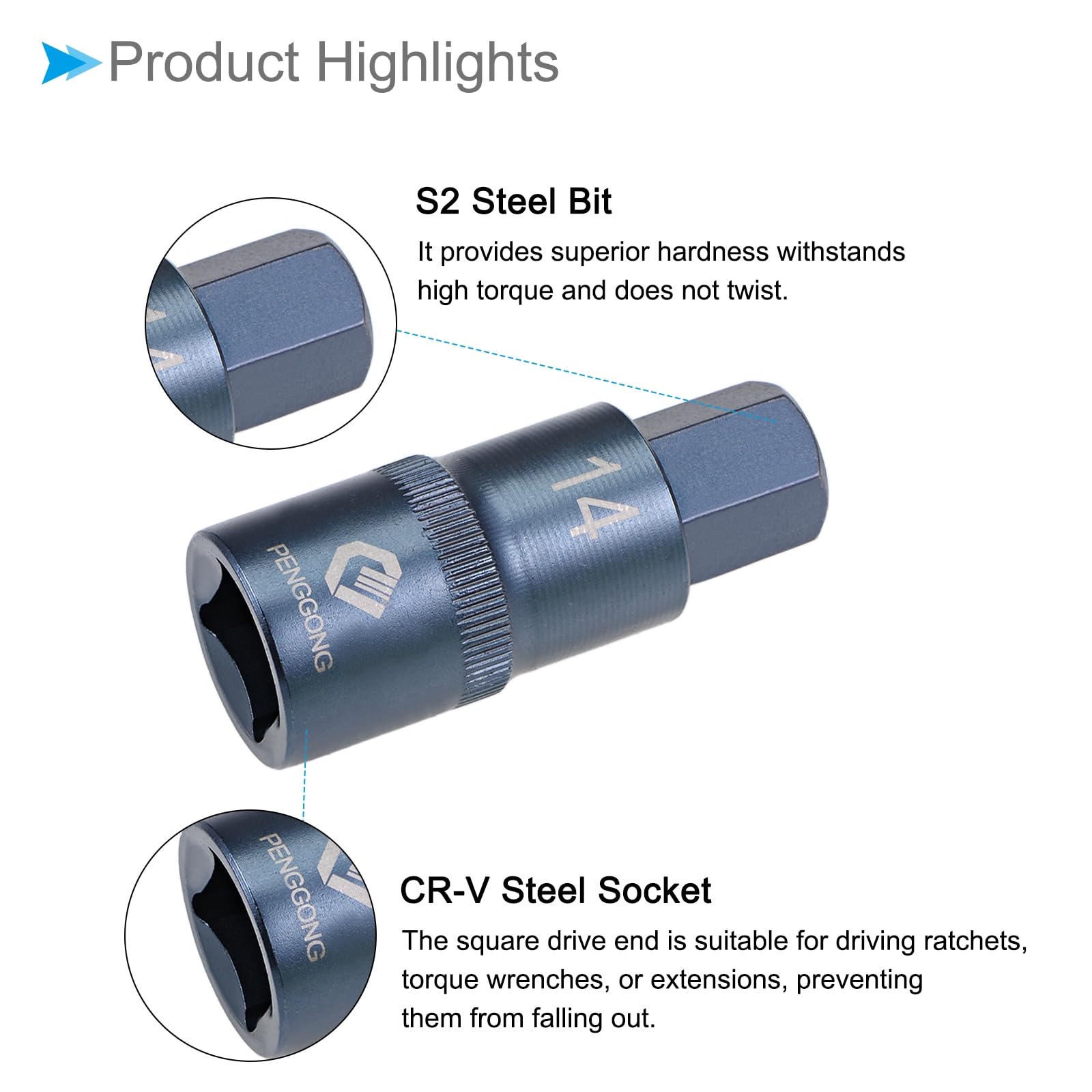 CoCud Hex Bit Socket, H14 Bit 1/2" Drive 2" Length, Star S2 Alloy Steel Cr-V Socket Blue - (Applications: for Fastener Application) - Image 4
