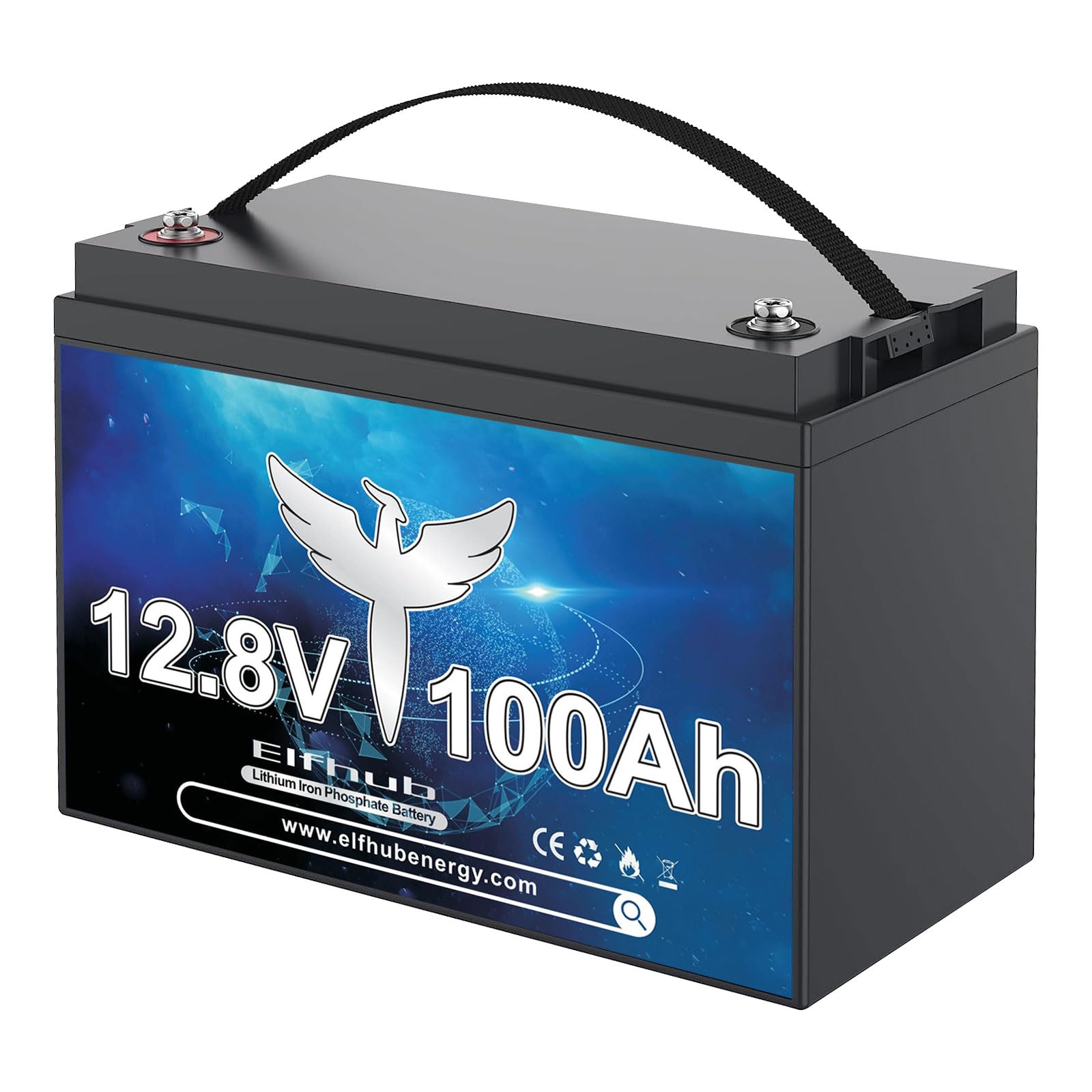 Elfhub 12V 100Ah LiFePO4 Lithium Battery, Upgraded 100A BMS, 10-Year Lifespan with Up to 15000 Cycles, Max. 1280Wh Energy,Perfect for RV, Solar,