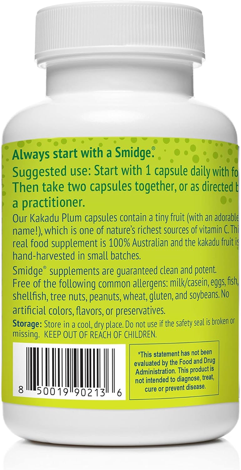Smidge® Kakadu Plum Capsules, 60 ct. Pure, Non-GMO Vitamin C from Australian Kakadu Plum. No Fillers, No Ascorbic Acid