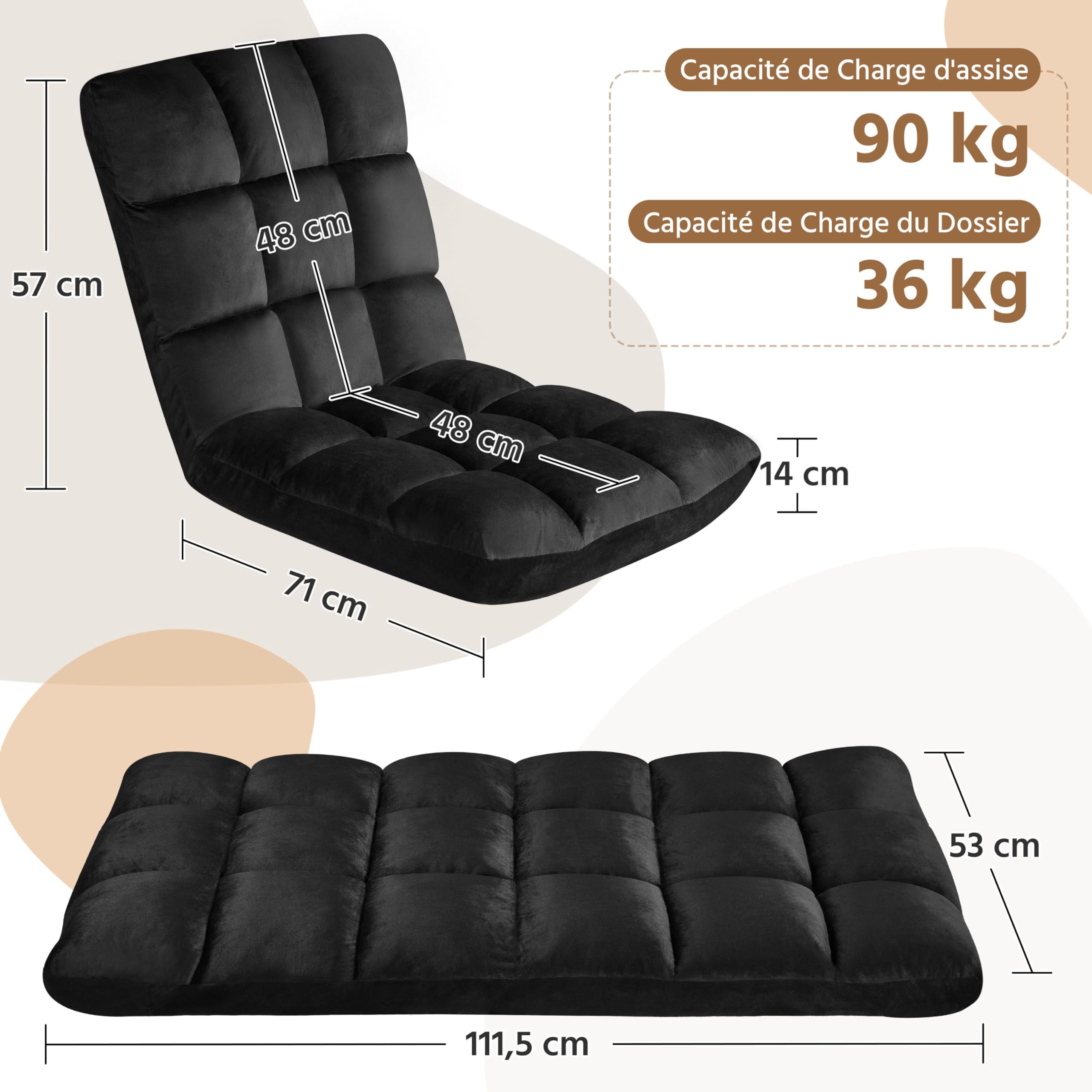 Yaheetech Fauteuil de Sol Pliable Paresseux Tatami Chaise de Sol Dossier Multiposition Fauteuil Bas Convertible pour Salon Maison Bureau Noir