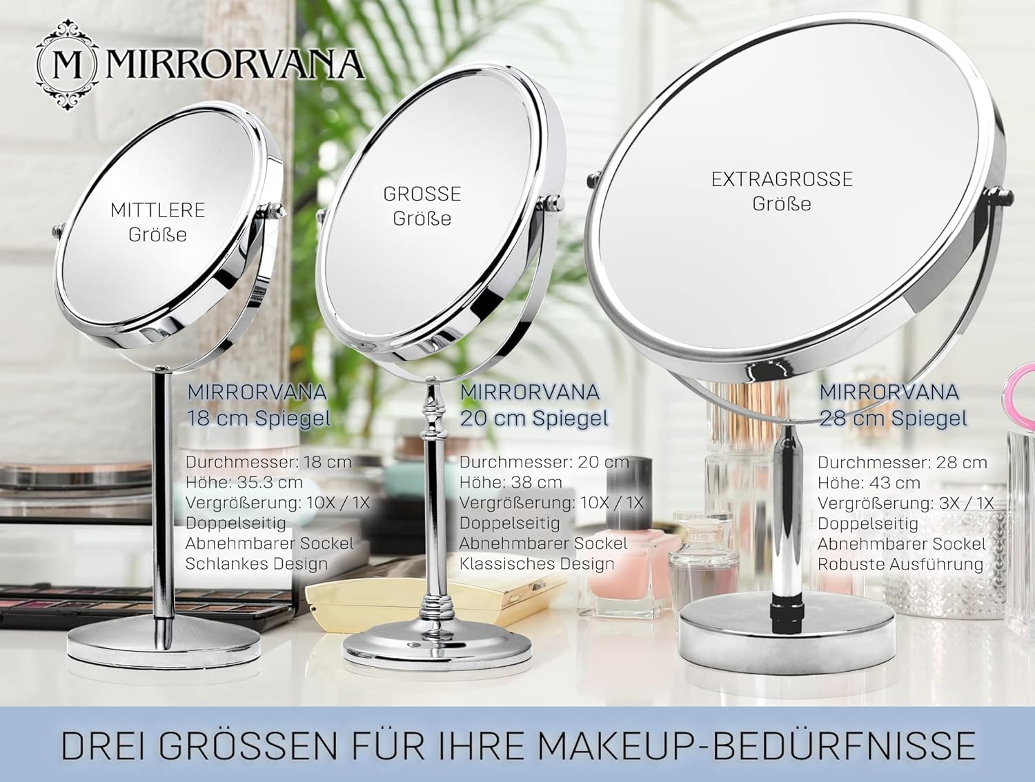 MIRRORVANA XXL Schminkspiegel rund, doppelseitig 3x/1x Vergrößerung, 28 cm | Doppelseitiger Kosmetikspiegel mit 3X & 1X Vergrößerung für präzises Make-up und klare Details im Bad und am Schminktisch