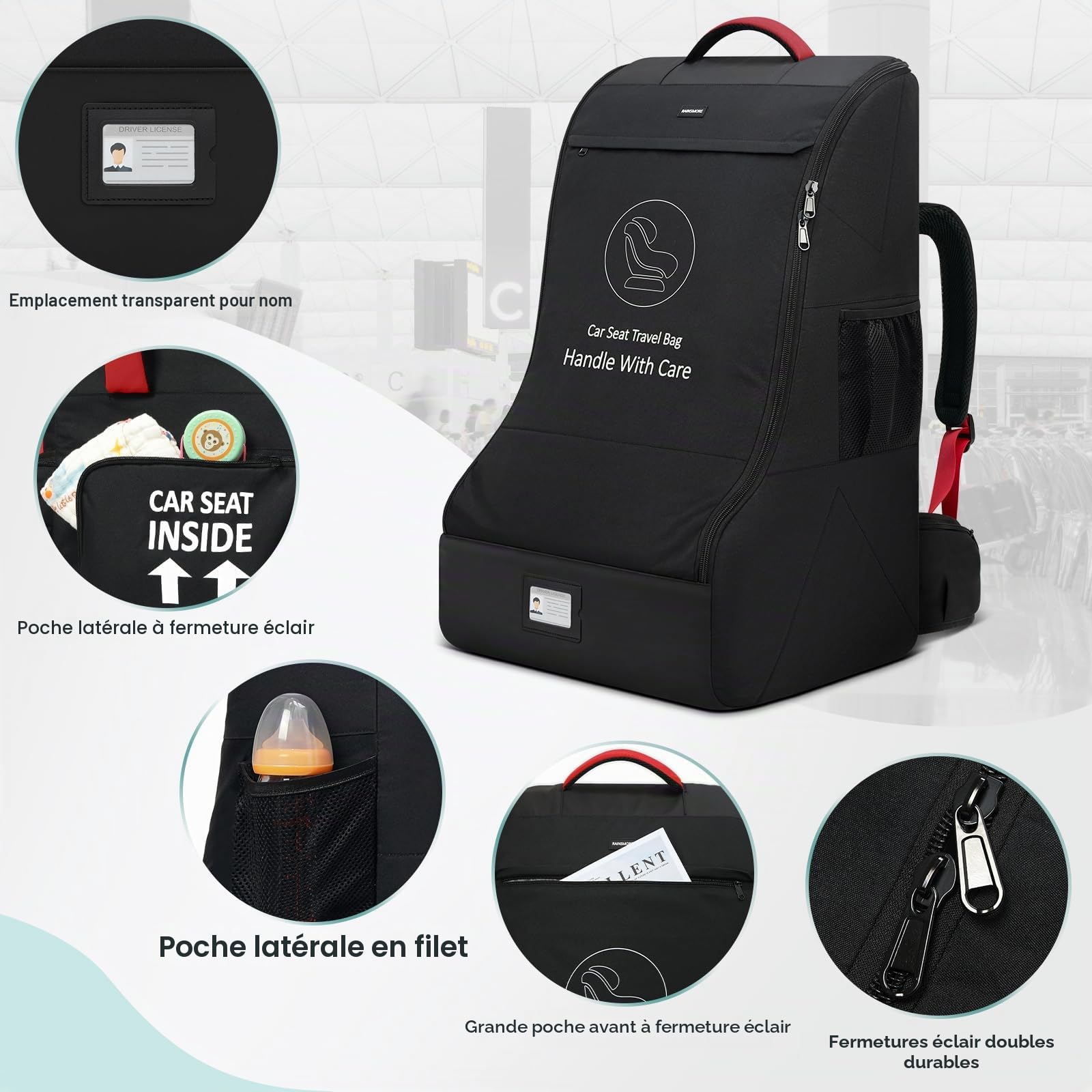 RAINSMORE Sac de Voyage pour siège de Voiture, Sac à Dos pour siège Auto, Housse Poussette Avion Rembourrée, Sacs de Siège Auto pour Bébé Étanches et Durables pour Avion Voyage