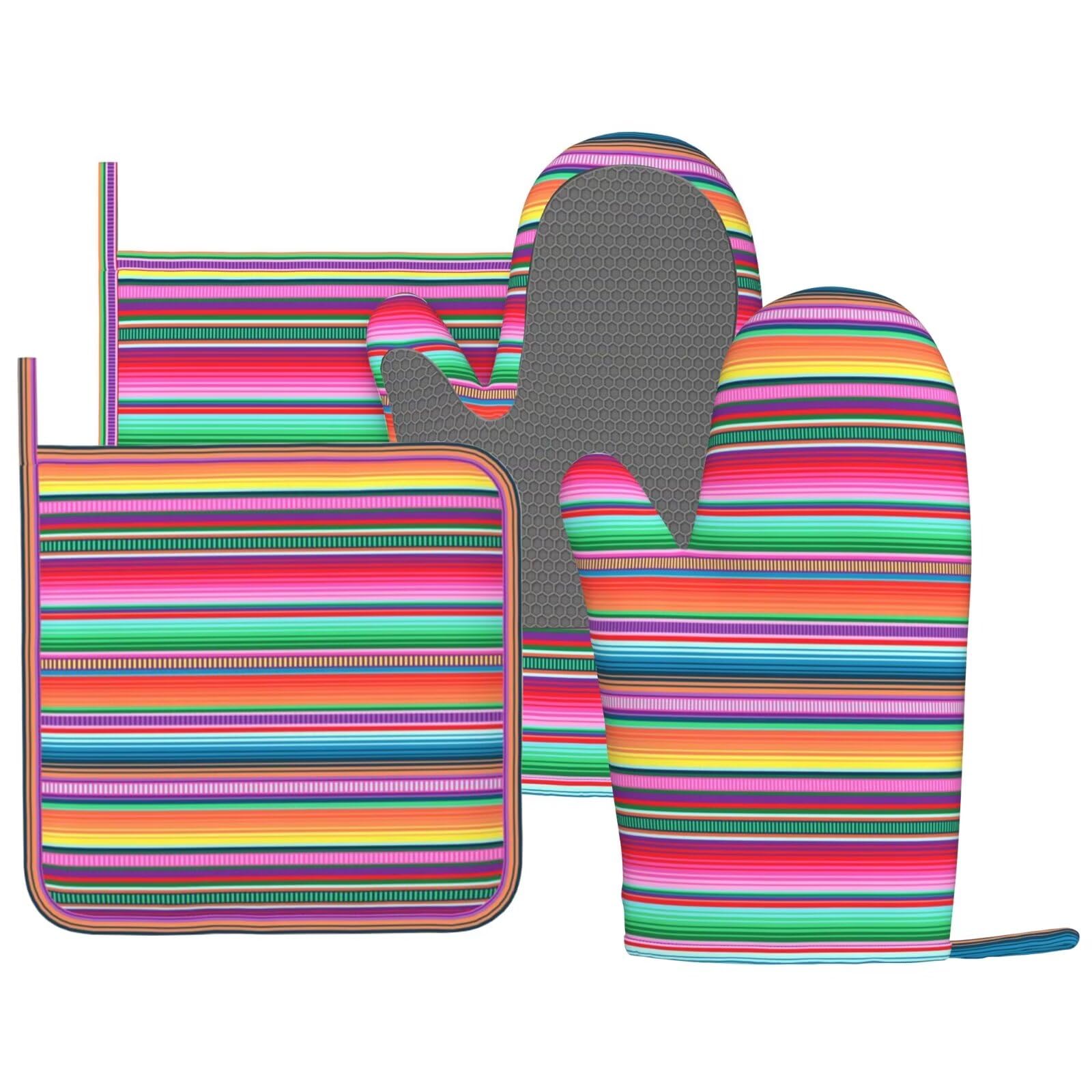 DYCBNESS Mexican Colorful Stripe Oven Mitts Pot Holders Set Silicone Vertical Lines Bright Colors Kitchen Oven Mitts Heat Resistant Potholders