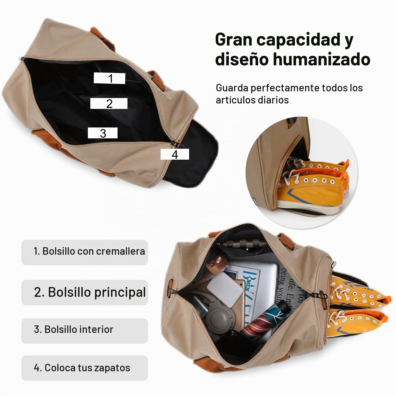 FANDARE Bolsa de Viaje Gran Capacidad Bolsa Deportivas de Gimnasio Mujer Hombre Bolsa de Fin de Semana Bolso Senderismo Maleta de manomochila de Viaje con Bolsillo húmedo y Zapato Compartimento Caqui