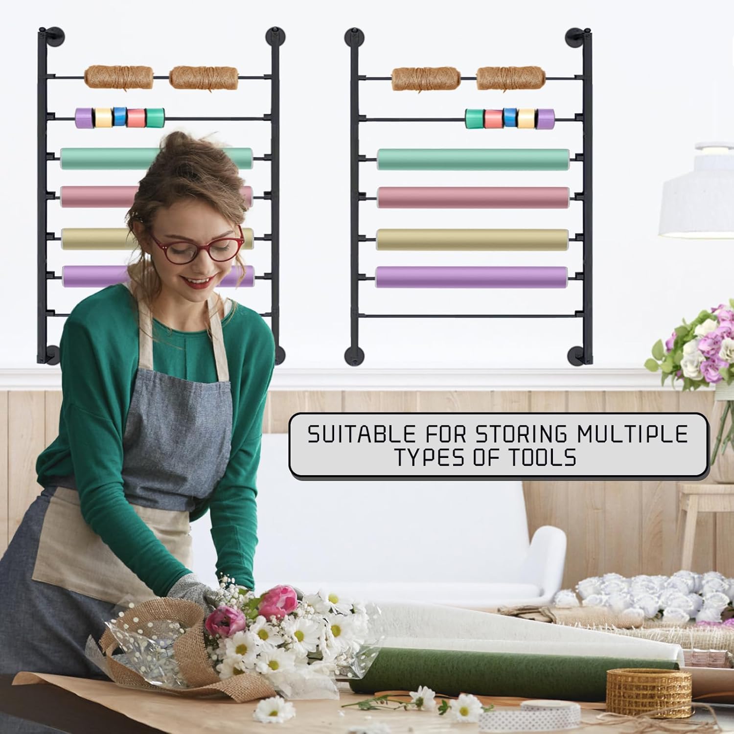 Ribbon Storage Organizer, Wall Mounted Ribbon Organizer, 7-Layer Metal Ribbon Holder, Wrapping Paper Storage Rack, Tie Scarf Rack Belt Towel Holder, for Craft Room, Flower Shop, Gift Wrapping Paper