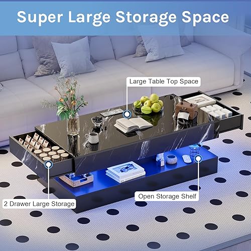 Miniatura 4 de Mesa auxiliar grande de 47.2 pulgadas con LED de alto brillo con 2 cajones deslizantes, mesa inteligente para sala de estar con carga inalámbrica y