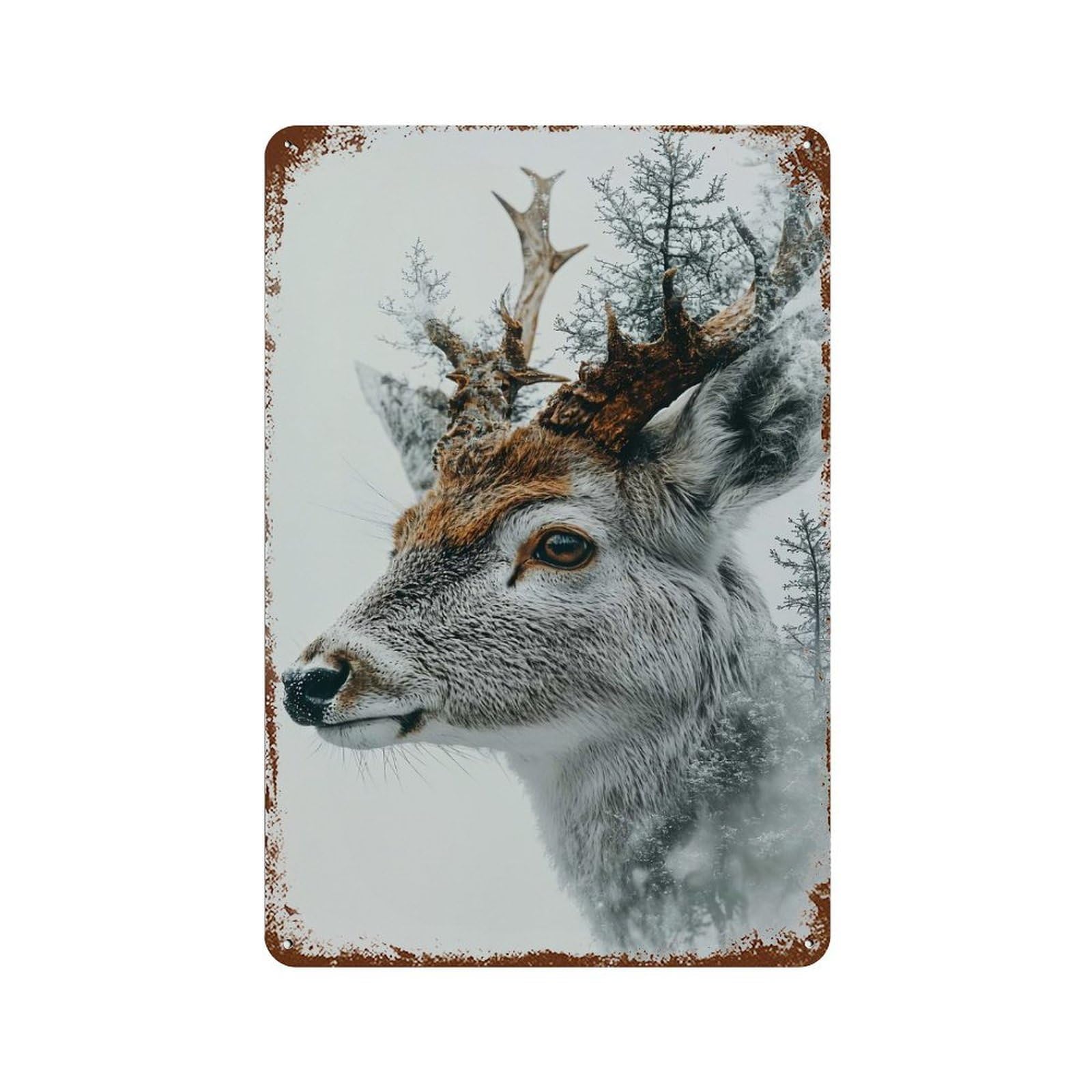 Retro Metal Sign with Deer And Forest Double Exposure Portrait Design 11.8"x7.9", for Shed, Workshop And Garage Wall Decor, Old School Wall Decor