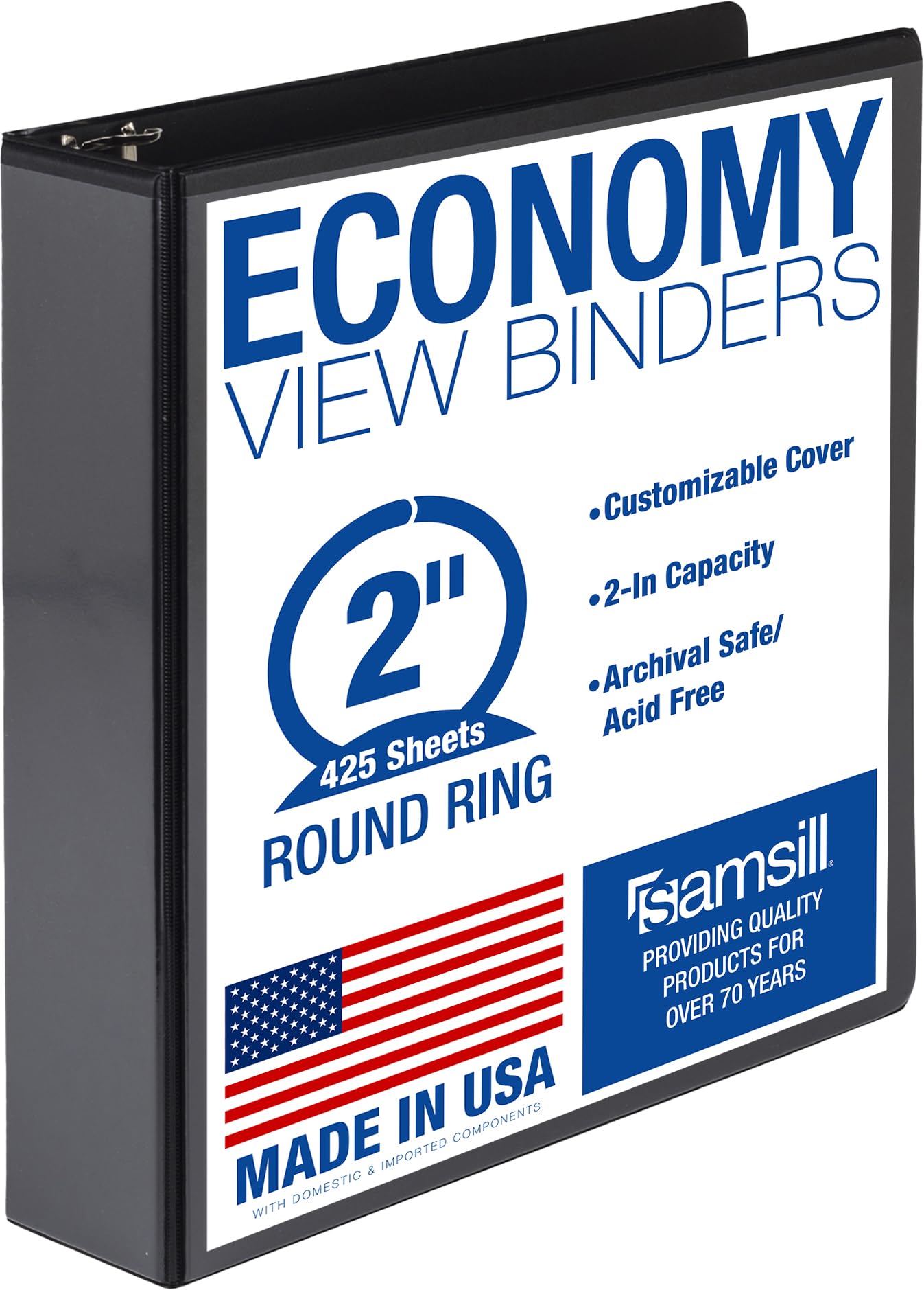 Samsill 2 Inch 3 Ring Binder, Economy Round Ring, Clear View Cover, 425 Sheet Capacity - for School, Home, Office - Charcoal Black