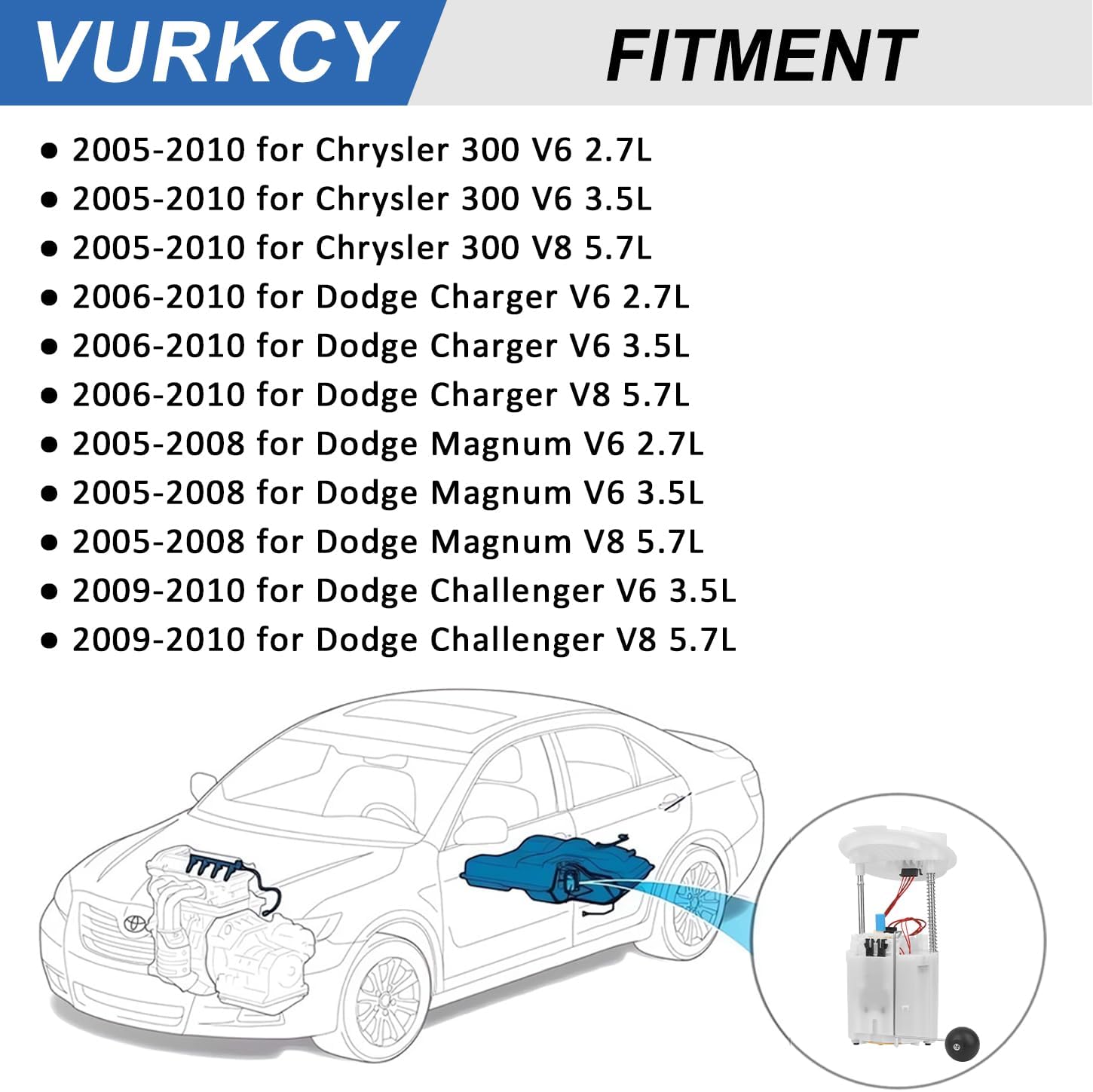 Vurkcy Electric Fuel Pump Module Assembly with Sending Unit Compatible with Dodge Challenger 2009-2010, Charger 2006-2010, Magnum 2005-2008, Chrysler 300 2005-2010, 2.7L 3.5L 5.7L, Replace E7241M