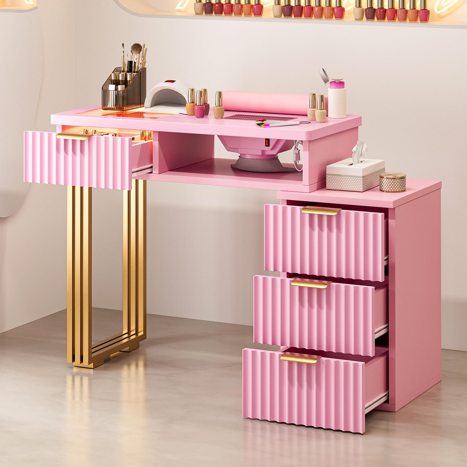 Manicure Table for Nail Tech with Dust Collector, Nail Station Desk w/4 Drawers & LED Lights, Acetone Resistant Beauty Salon Workstation w/Wrist