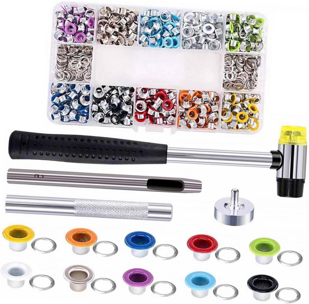 Housoutil 500-Piece Grommets Kit Eyelet Installation Tool 5mm Inner Diameter Colorful Metal Eyelets for Crafting Sewing and Home Projects